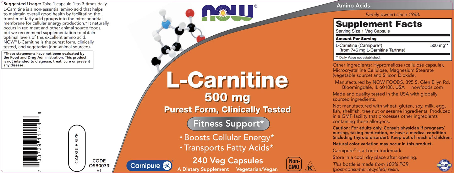NOW Foods L-Carnitine 500 mg, 240 Veg Caps (Pack of 2)