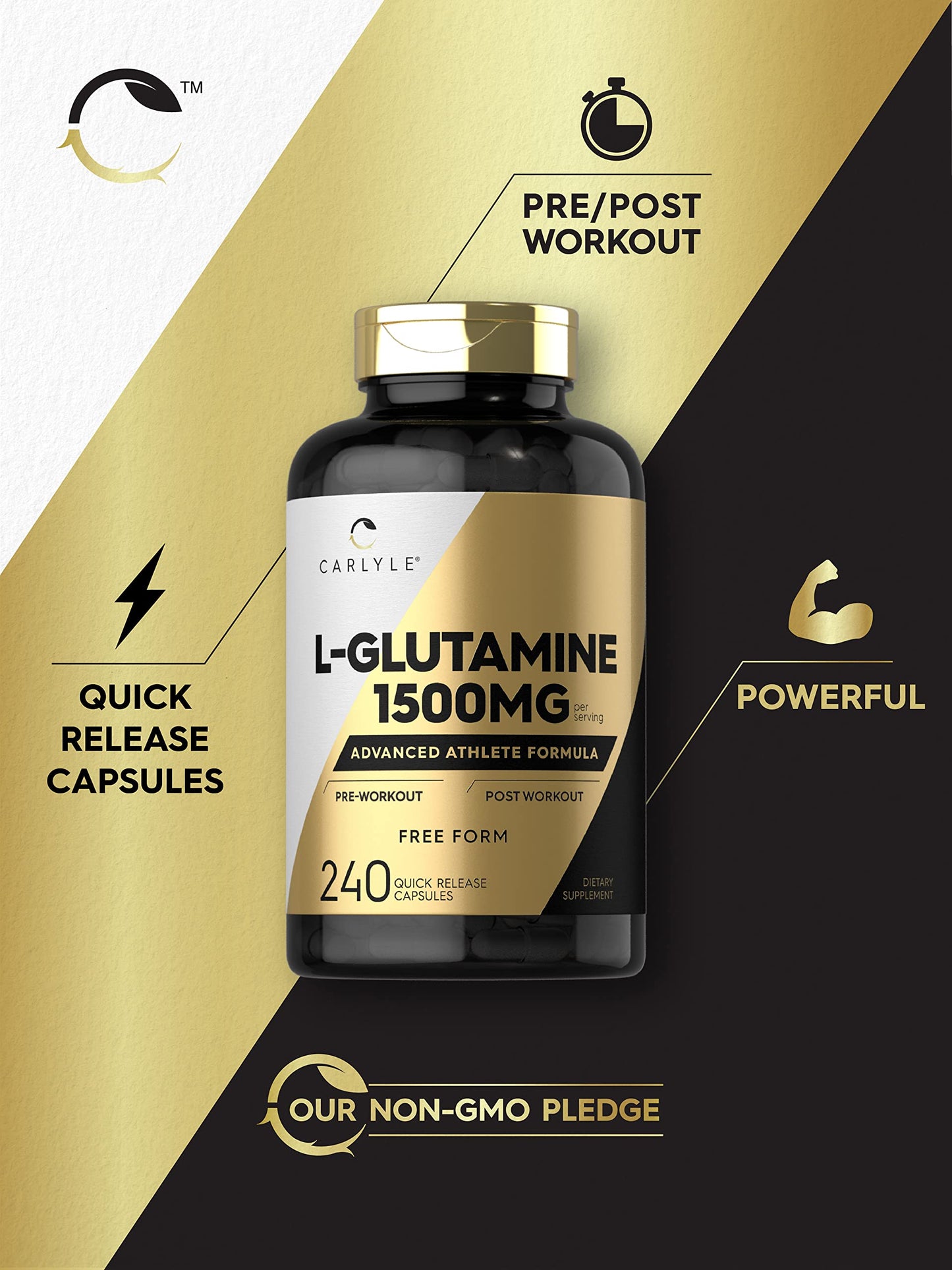 Carlyle L Glutamine Capsules | 1500mg | 240 Powder Pills | Athlete Supplement | Pre and Post Workout Formula | Non-GMO, Gluten Free