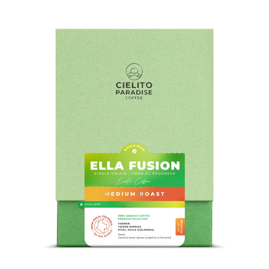 Ella Fusion Anaerobic Medium Roast Specialty Coffee with Natural Fermentation Process from Cielito Paradise featuring notes of caramel exotic spices grapefruit and tamarind 12oz