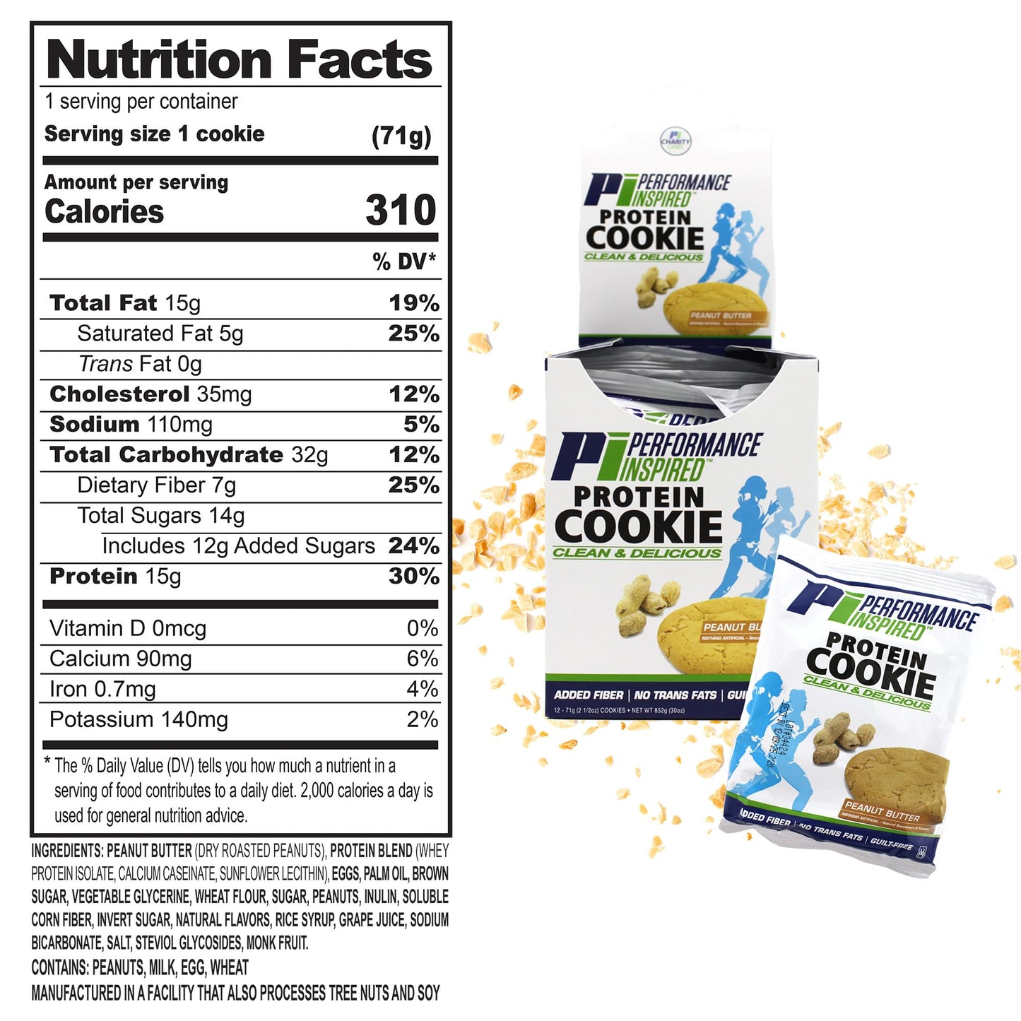 Performance Inspired Nutrition Protein Cookie - 15G Isolate Protein, 7G Fiber - All-Natural, Gluten-Free, No Artificial Ingredients - Peanut Butter Flavor - 12 Count
