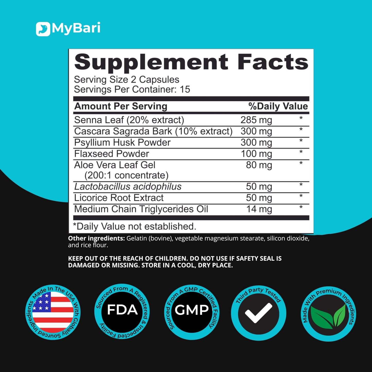 Mybari 15 Day Cleanse - Gut and Colon Support - Advanced Gut Cleanse Detox for Women & Men with Senna, Cascara Sagrada & Psyllium Husk - Non-GMO - Made in USA - 30 Capsules