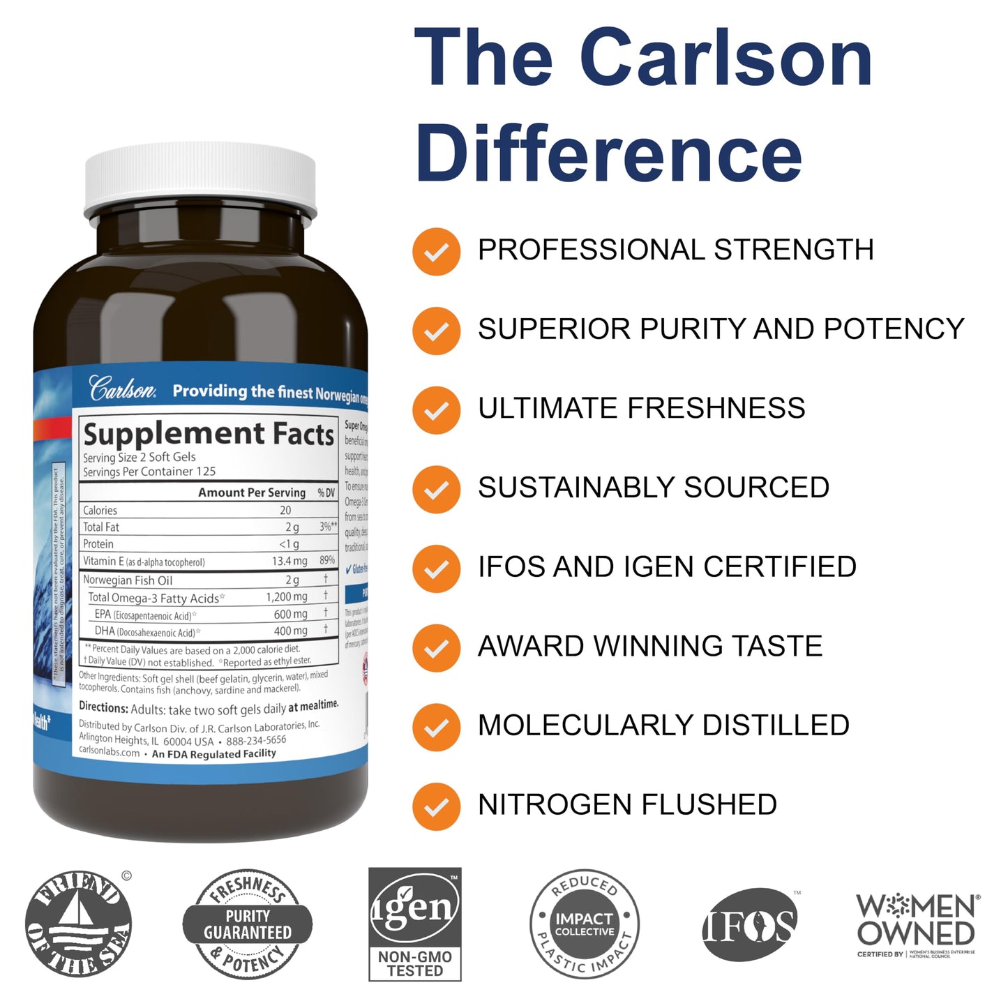 Carlson - Super Omega-3 Gems, 1200 mg Omega-3s, Wild Caught, Sustainably Sourced, 250 soft gels