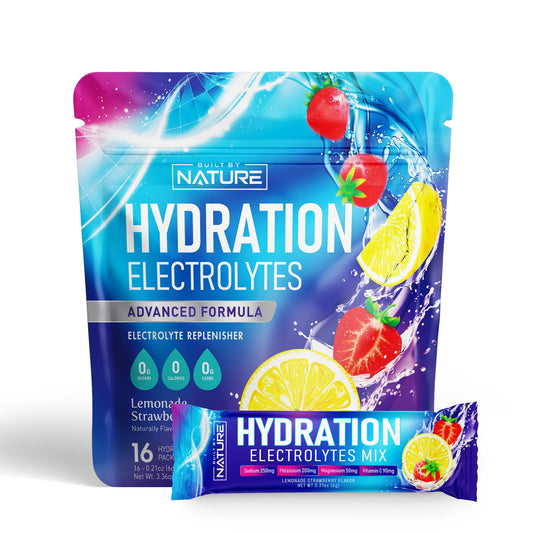 Electrolytes Powder Hydration Packets - Recovery Drink Mix with Sodium, Potassium, Magnesium, Calcium, Vitamin C & Zinc - Sugar Free, Keto, Non GMO & Vegan - Strawberry Lemonade - 16 Sticks