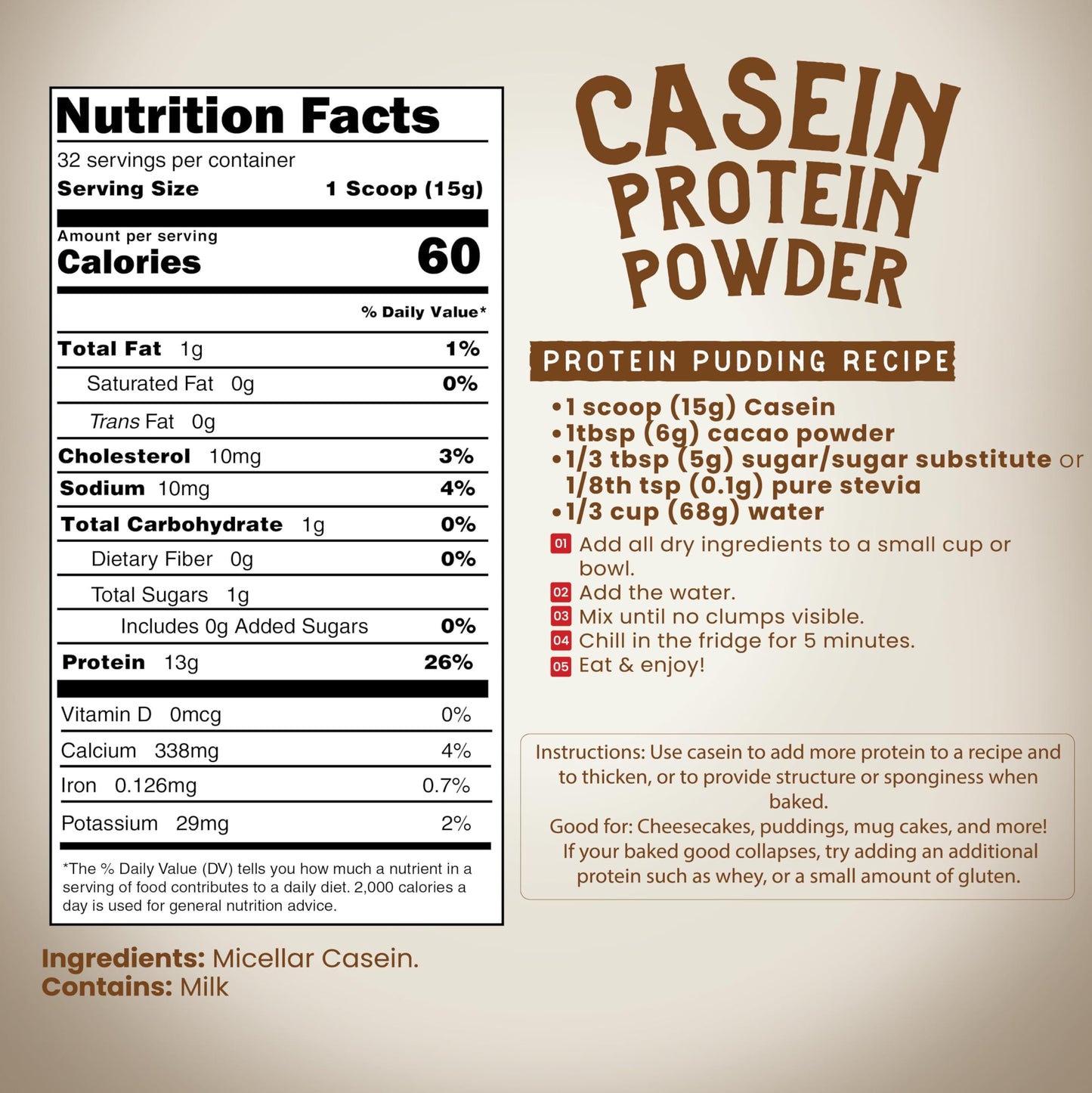 LEANBAKERS, Casein Protein Powder, Pure Micellar Casein, Gluten Free, for Baking high Protein Low Calorie Snacks, no sweeteners, 1.1lb
