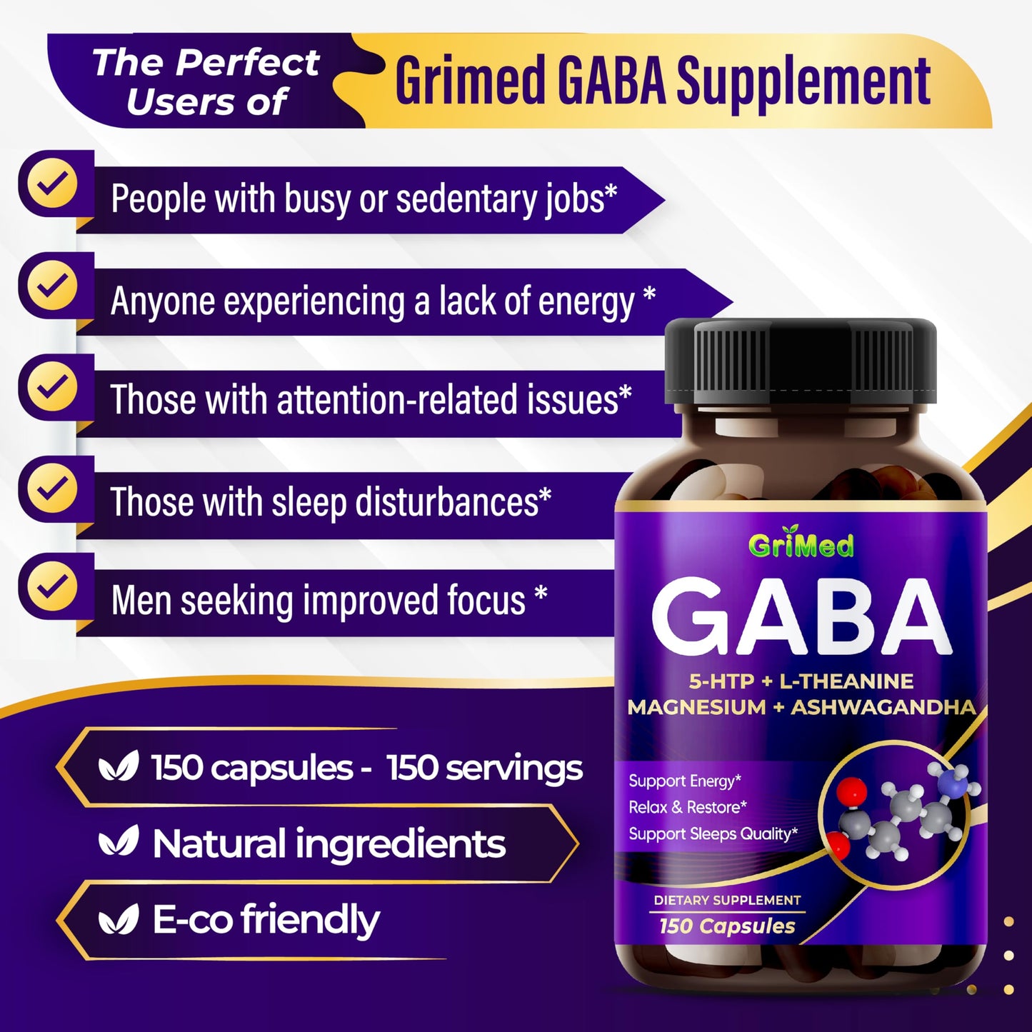 GriMed GABA 16,280mg - X15 Power with 5-HTP, L-Theanine, Magnesium, Ashwagandha - Relax & Restore, Support Sleep Well - Made in USA (150 Count (Pack of 1))