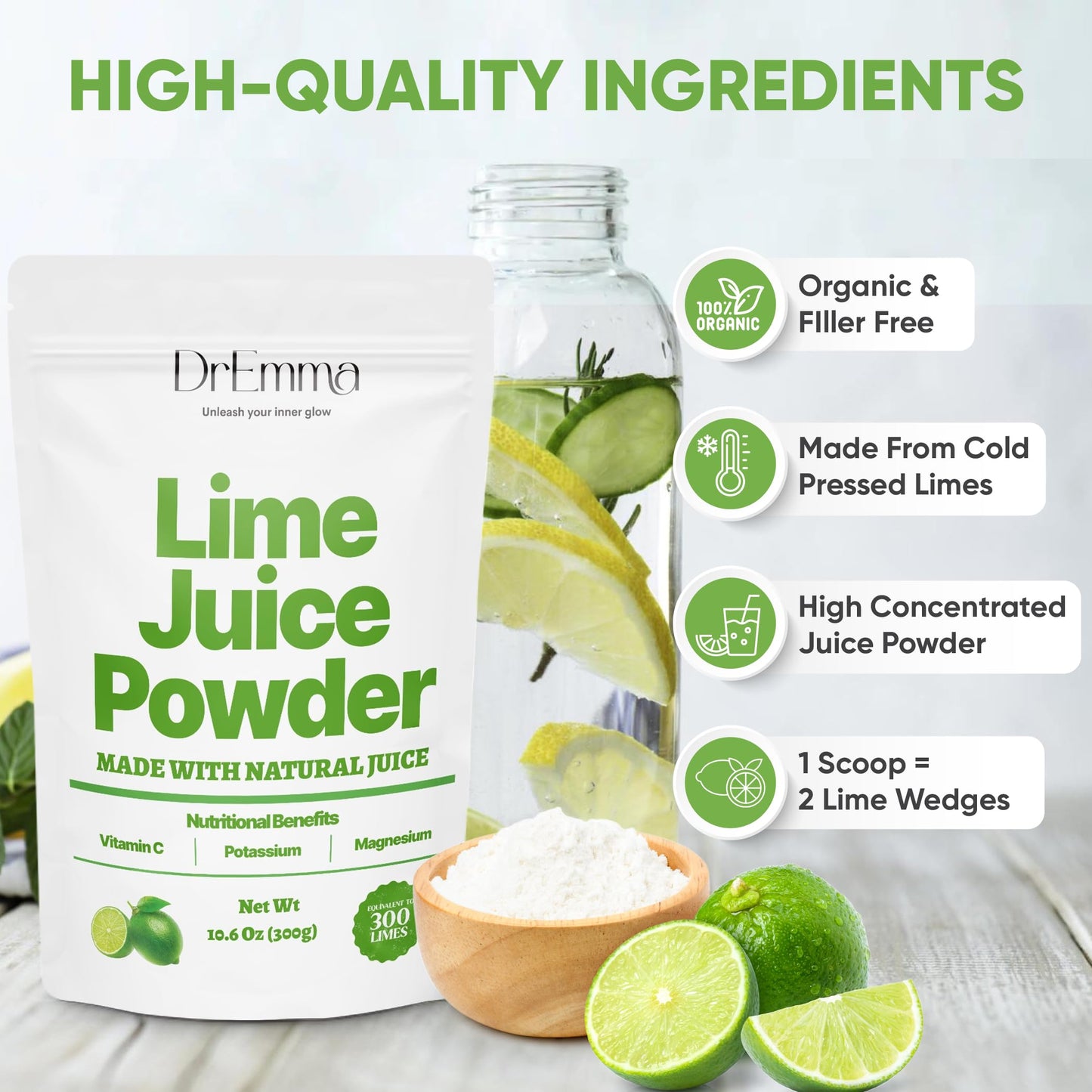 DrEmma  Lime Juice Powder  Organic Limes  Hand Picked Energy Water Enhancer Food Beverages Cooking Baking Cocktails Vitamins Electrolytes Hydration Dehydrated Zesty Lime Flavor 106 Oz