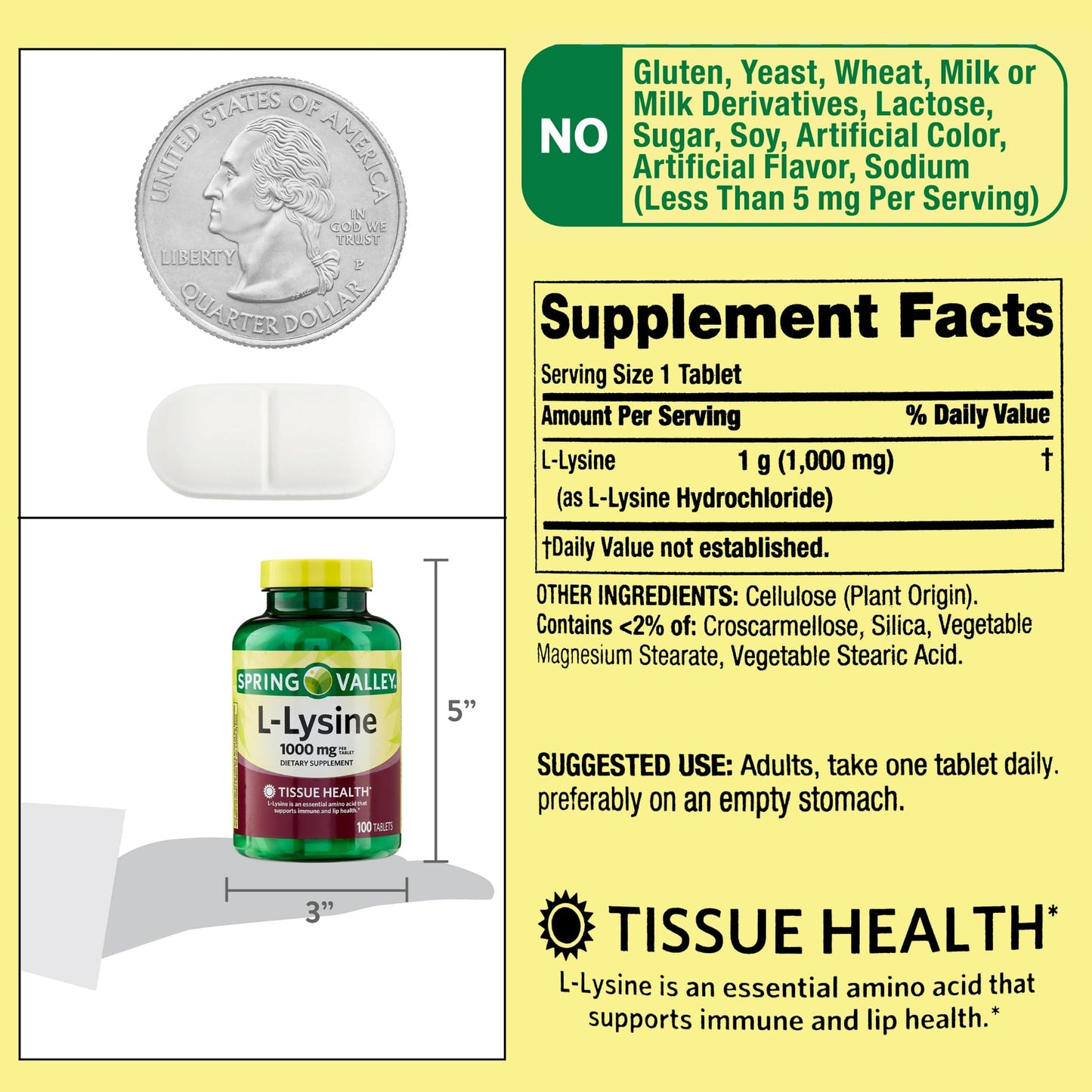 L Lysine 1000mg Tablets 100 Count, Super Lysine Immune Support & Healthy Skin* by Spring Valley (Pack of 1)