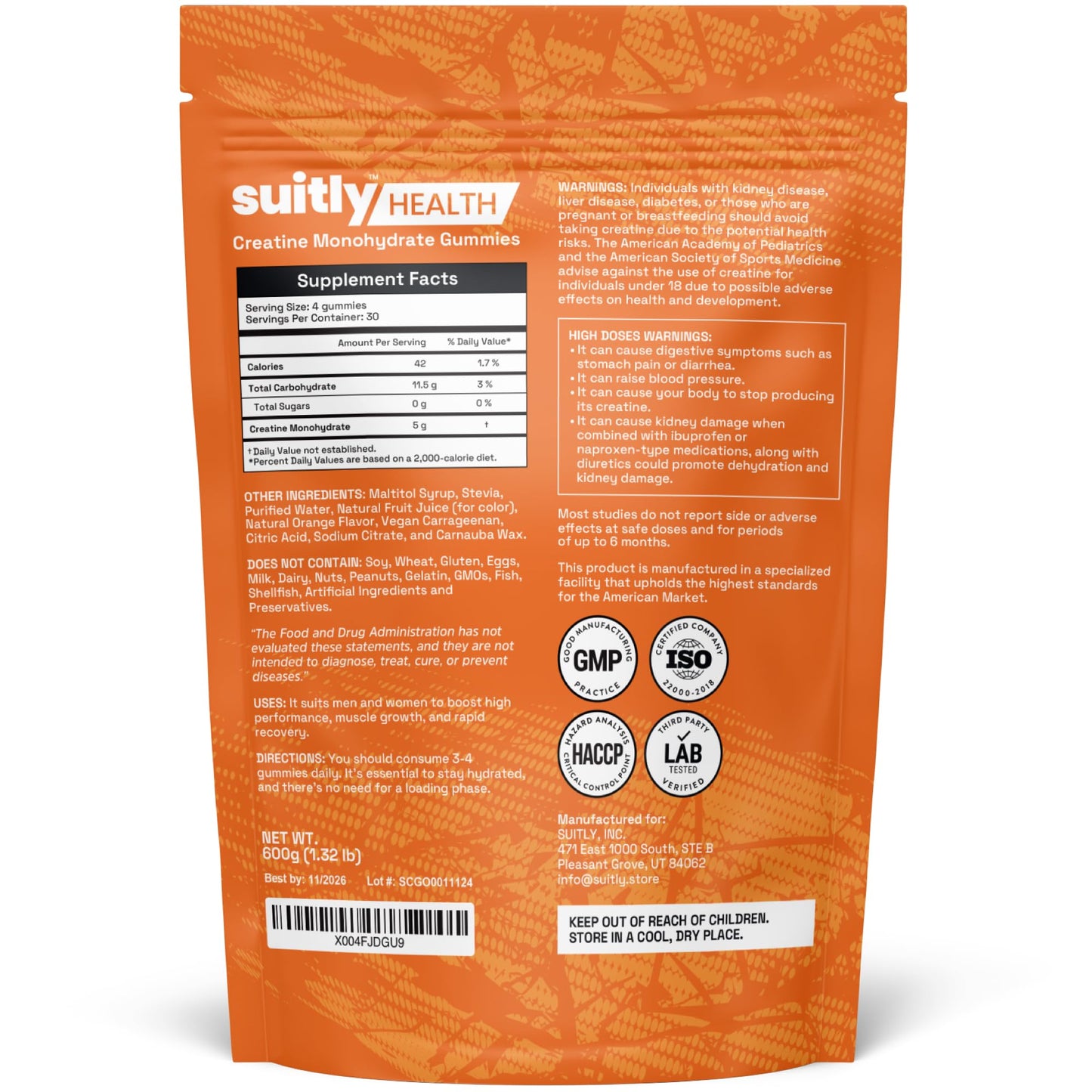 Suitly Creatine Monohydrate Gummies for Men & Women, 5g Sugar-Free Creatine Monohydrate Gummies for Muscle Gain & Recovery, Delicious Pre Workout Chews with Handy Pouch (Orange, 120 Count)