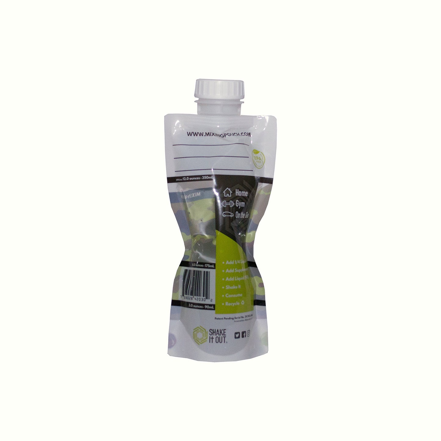 Shake It Out® is the on-the-go beverage container, better mixing, better tasting experience, disposable/recyclable. Compact, flexible design completely dissolves powder Supplements. (Camo, 7 Pack)