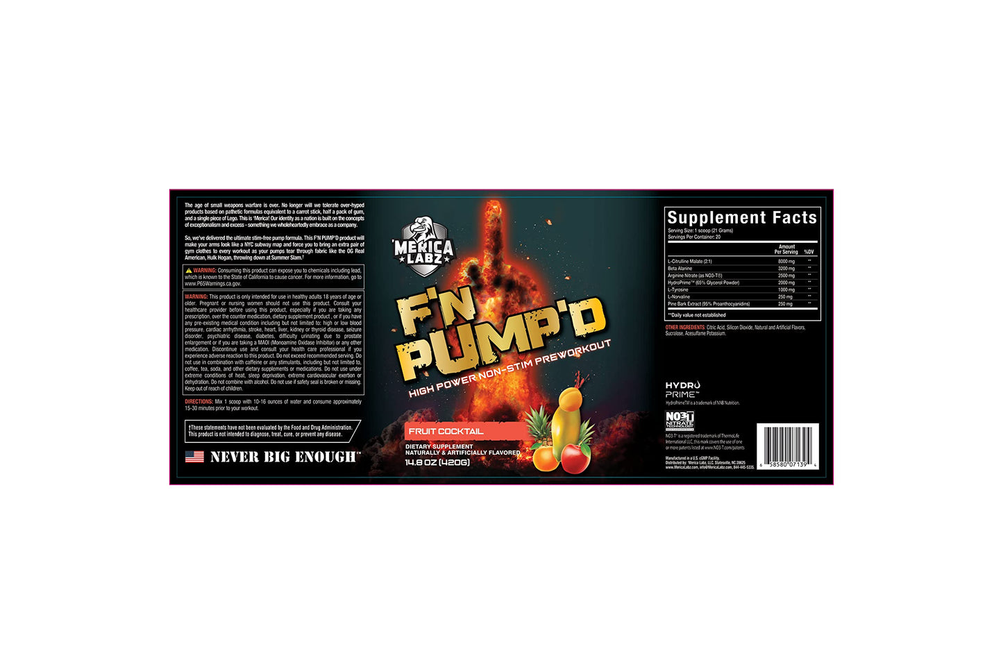 'Merica Labz F'N Pump'D Stimulant Free, Nitric Oxide,Fully Dosed, Pump PreWorkout Powder (20 Servings) (Fruit Cocktail)