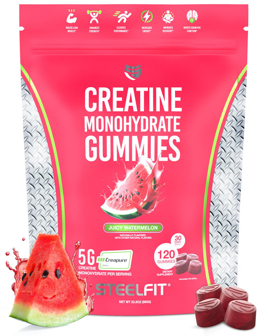 SteelFit Creapure Creatine Monohydrate Gummies for Men & Women, Juicy Watermelon - Gym Workout Nutritional Supplements for Muscle Gain, Brain Health & Strength Building Dietary Supplement, 120 Gummies