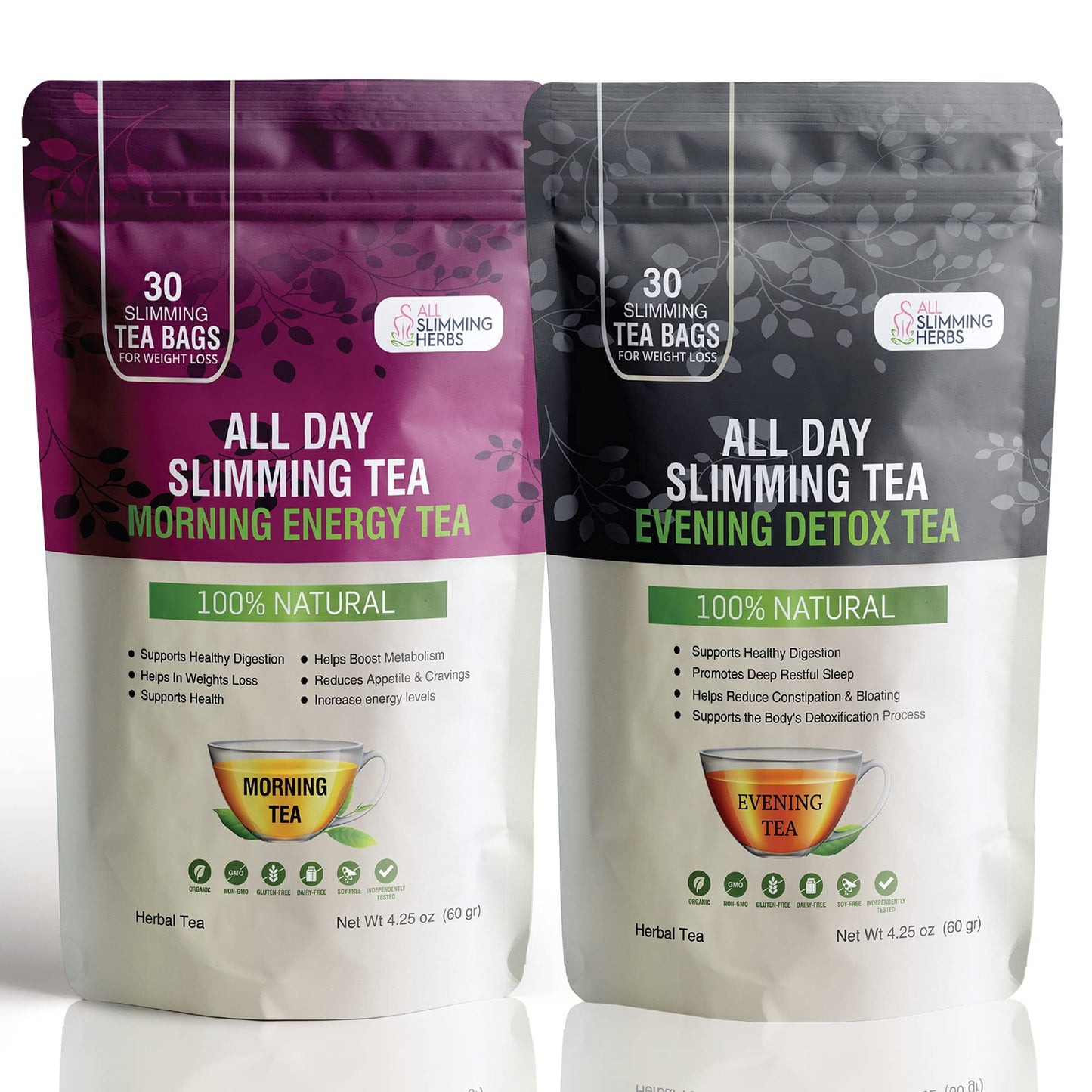 ALL SLIMMING HERBS All Day Slimming Tea For Weight Loss - All Natural 30 Days Detox Tea That Flattens Tummy - Daytime Energy Boost Tea 30 Bag+ Evening Detox Tea 30 Bag