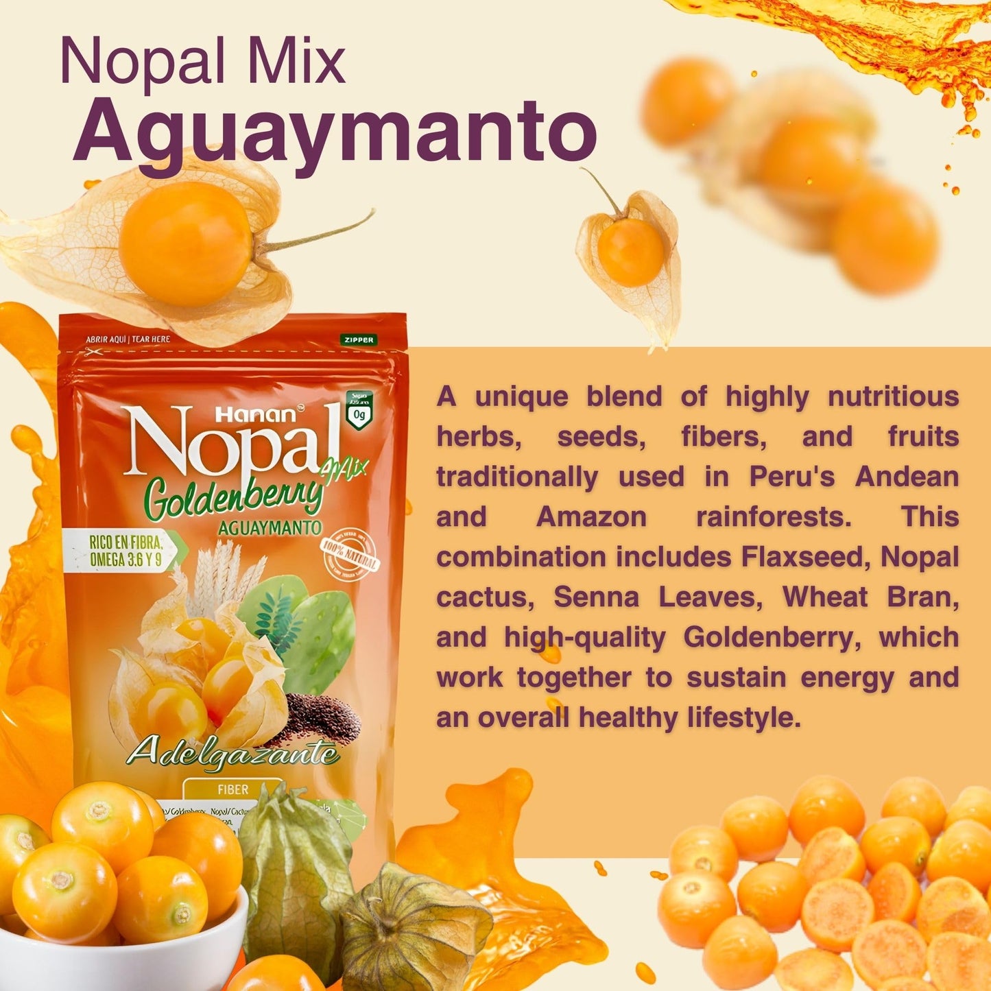 Nopal Mix Aguaymanto 454g - 100% Natural High-Fiber Goldenberry Blend for Digestive Health, Vegan, Non-GMO, Gluten-Free, Keto from Peru (16oz)