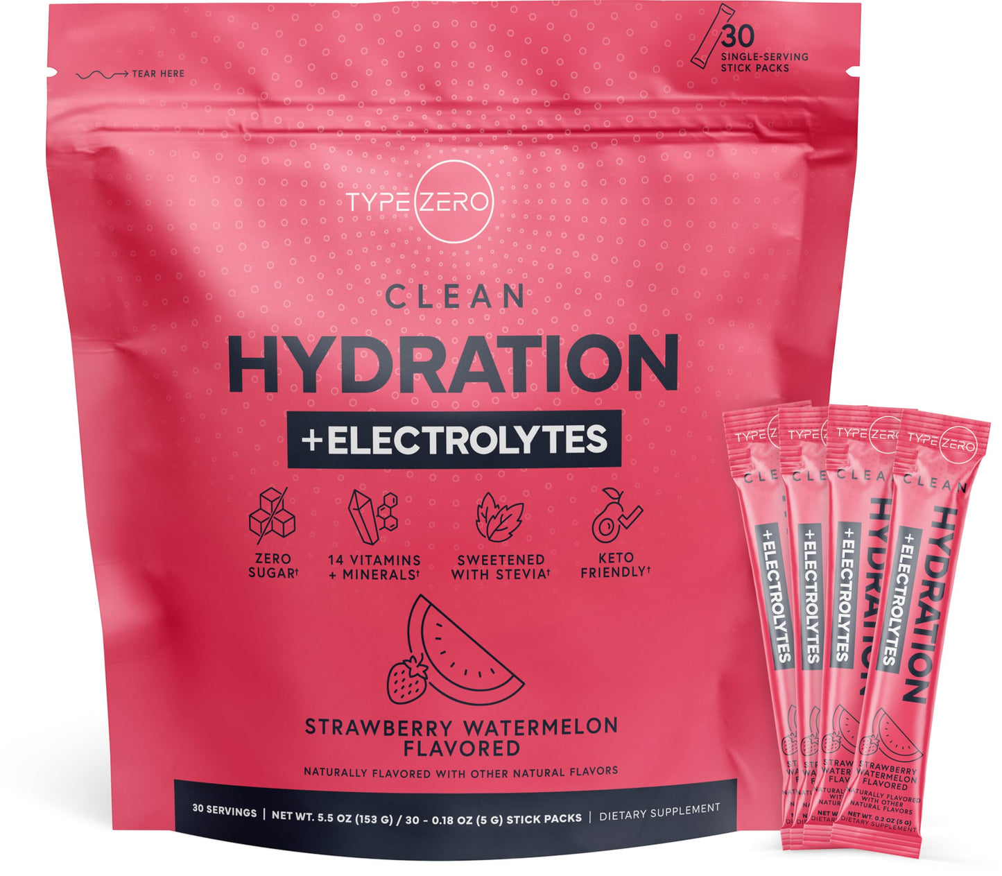 Type Zero Clean Hydration + Electrolytes Drink Mix (30 Single-Serving Packets) - Advanced Hydration for Any Occasion (Strawberry Watermelon)