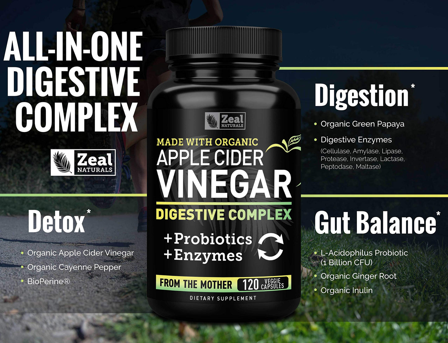 Organic Apple Cider Vinegar Capsules + Digestive Enzymes & Probiotics (1500mg | 120 Capsules) Raw Apple Cider Vinegar Pills & Fiber Supplement for Gut Health, Immune Support, Digestion & Detox Cleanse
