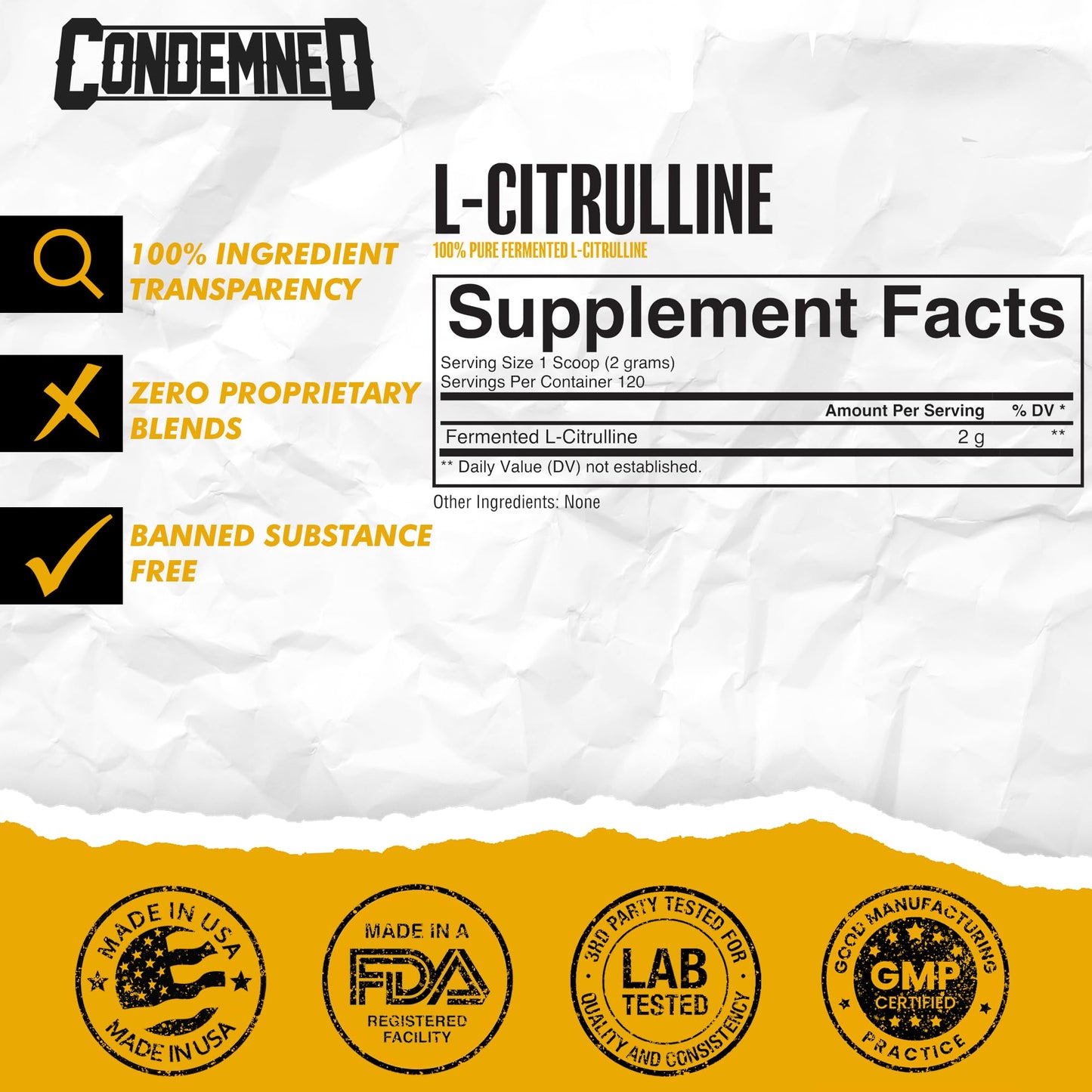 Condemned Labz 100% Pure Fermented L-Citrulline Powder | Nitric Oxide Booster for Men & Women | Increased Endurance | Vegan & Gluten Free | 120 Servings (Unflavored)