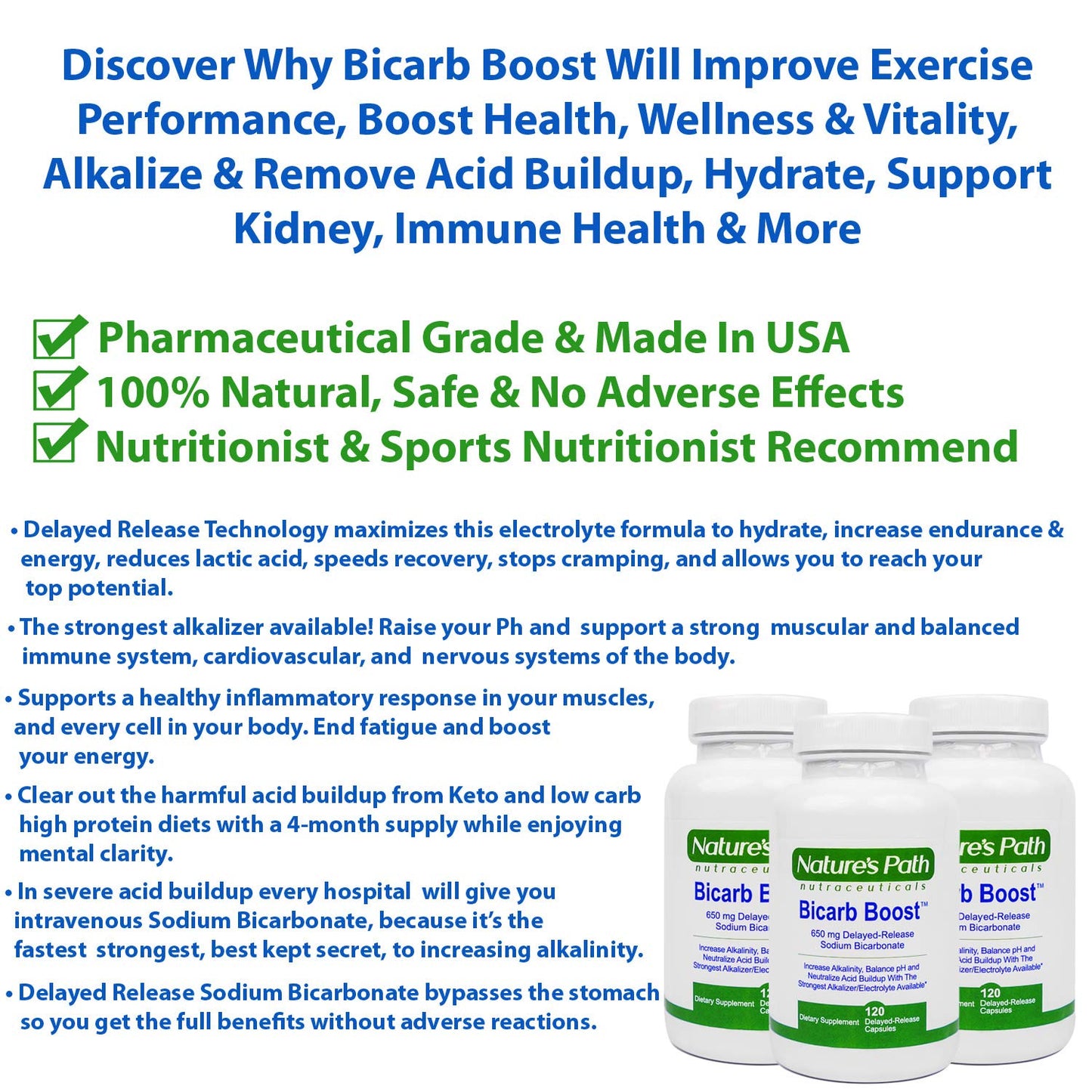 Sodium Bicarbonate 650 mg Tablets - Strongest Alkaline Tablets - Electrolyte Supplement & Keto Electrolyte Pills, Salt Tablets Hydration & Rehydration, Endurance, Stamina: 120 Capsules