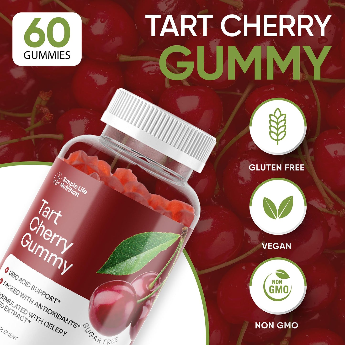 Simple Life Nutrition Tart Cherry Extract Gummies - Potent Antioxidant, Supports Joint Health & Recovery, Natural Sleep Aid, Non-GMO, Vegan-Friendly, Gluten-Free, 60 Count, 2,000MG