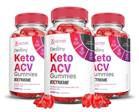 (3 Pack) Destiny Keto ACV Gummies Extreme 2000MG Destiny Keto Gummies Advanced Formula Apple Cider Vinegar with Pomegranate Beet Juice Powder B12 Vegan Non GMO 180 Gummys