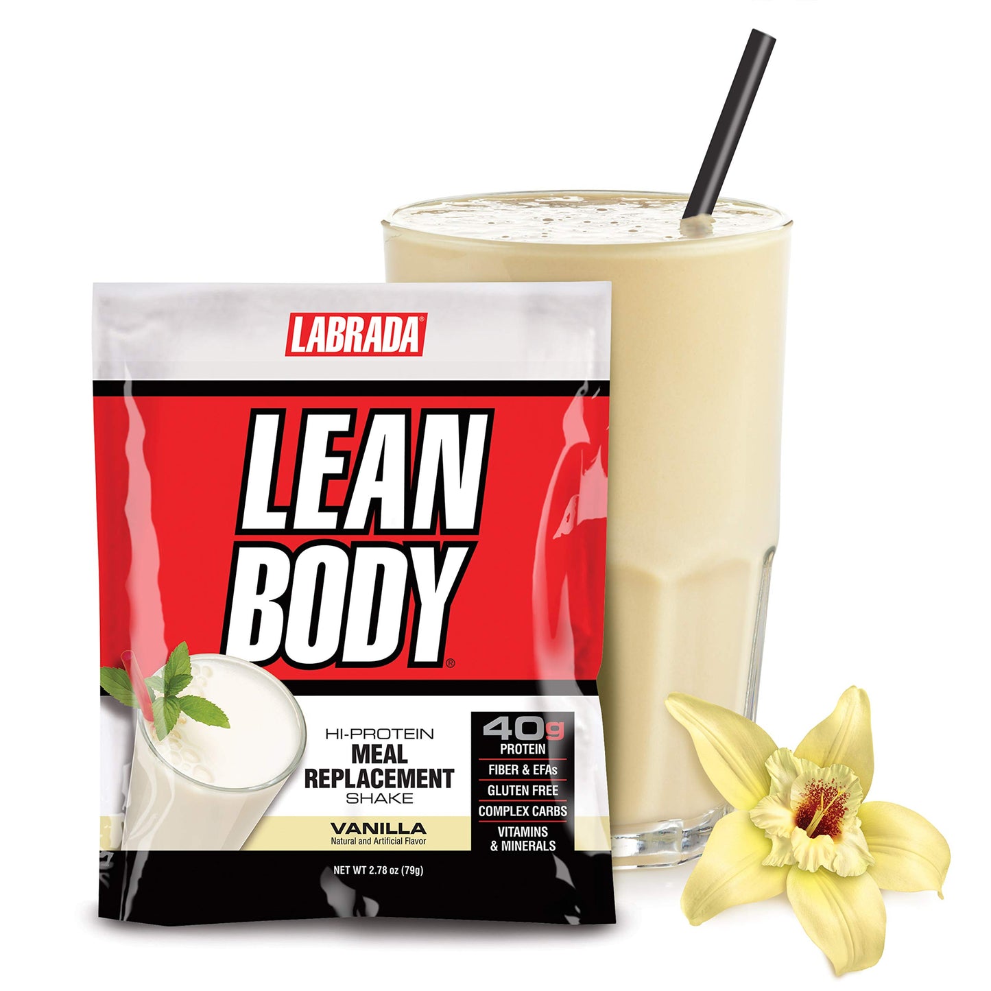 Labrada Lean Body MRP All-In-One Vanilla Meal Replacement Shake. 40g Protein Whey Blend, 8g Healthy Fats EFA's & Fiber, 22 Vitamins and Minerals , No artificial color, Gluten Free, (80 MRP Packets)
