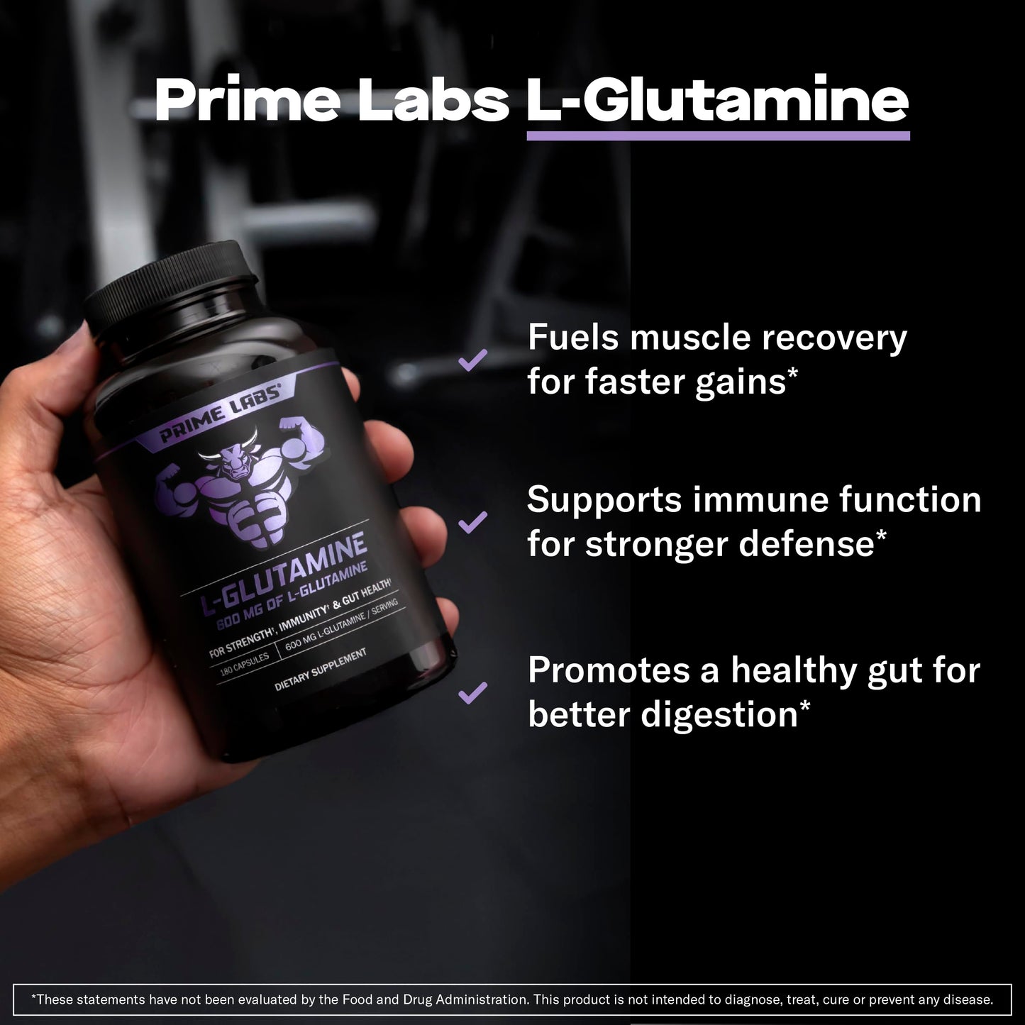 Prime Labs L Glutamine Capsules 600mg - Supports Strength, Muscle Recovery, Immunity, & Gut Health - Amino Acid Supplement - for Men & Women