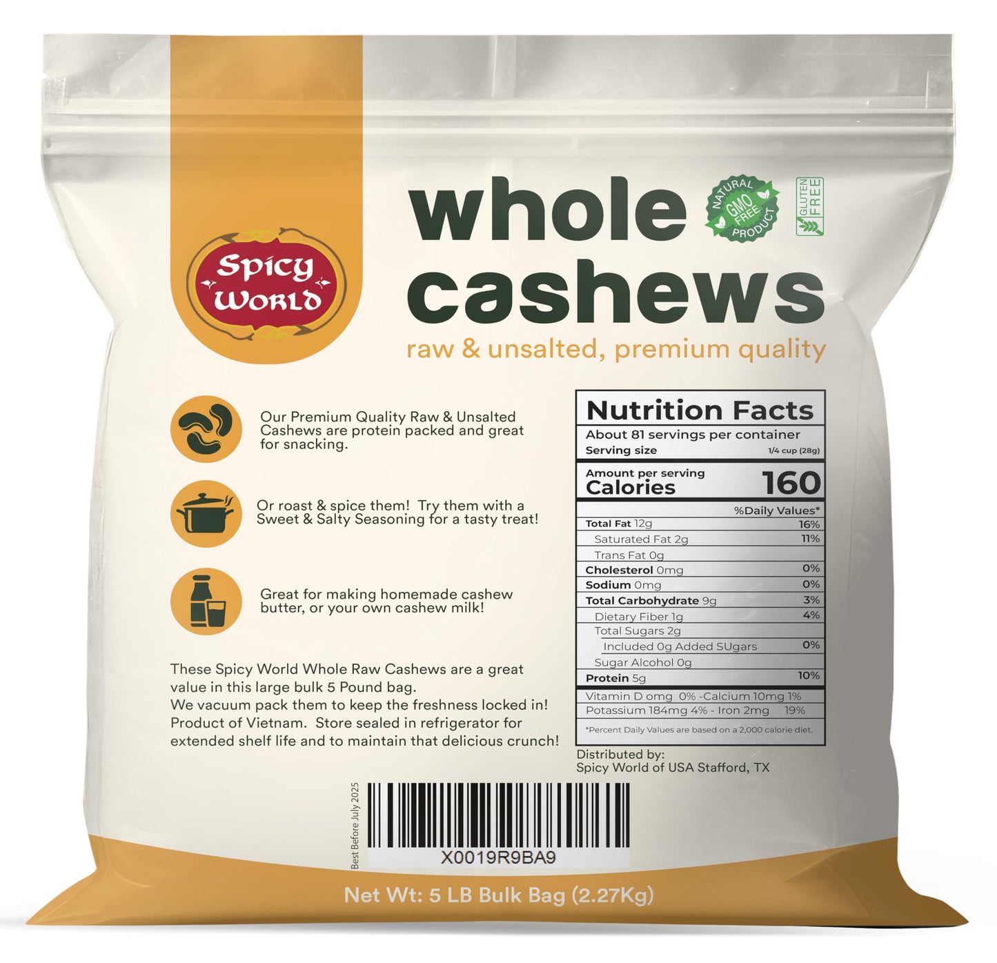 Spicy World Raw Cashews Whole 5 Pound Bulk  Unsalted Natural  Pure No Chemicals
