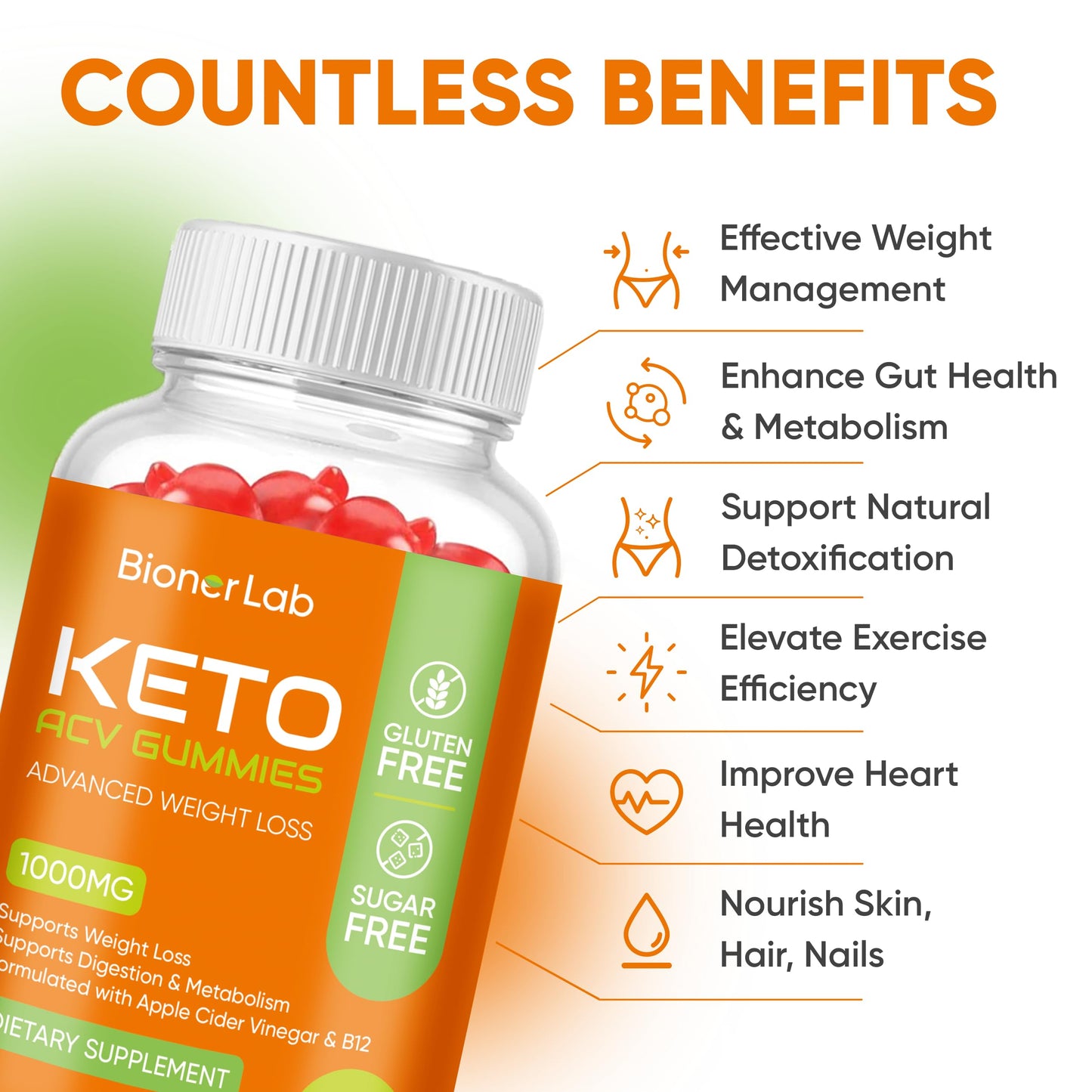 BionerLab Keto ACV Gummies - Sugar Gluten Free Pro Active Super Apple Cider Vinegar Supplement for Men Women - Digestion Metabolism Hair Skin Health (1000MG)