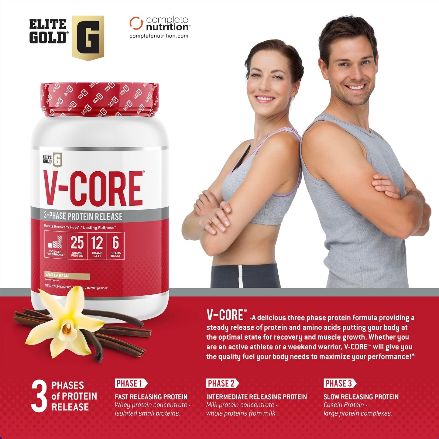 V-Core Protein Powder, Protein Powder, Keto, Vanilla, Whey Protein, High Protein, Casein Protein, 25g Protein, 12g EAAs, 6g BCAAs, 2 lb Tub (23 Servings)