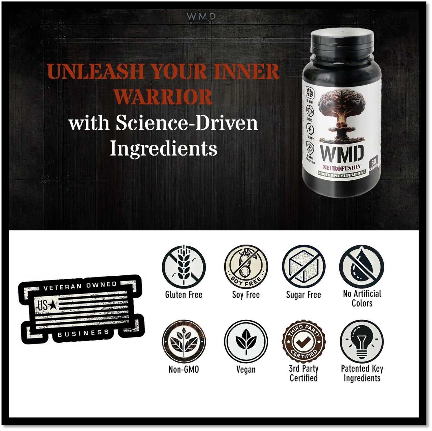 WMD NeuroFusion Nootropic Brain Supplement - Memory, Focus, Mental Clarity & Cognitive Support - Gluten Free, Non-GMO, Vegan, Adaptogen Formula -- 60 Capsules