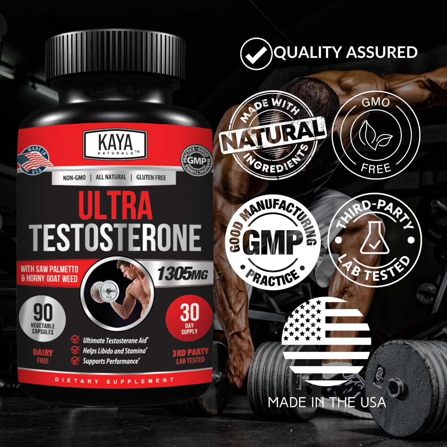 Kaya Naturals Ultra Testosterone - Men's Testosterone Booster with Tongkat Ali, Horny Goat Weed, Tribulus - Natural Workout Supplement for Energy, Stamina, and Strength Booster - 90 Count