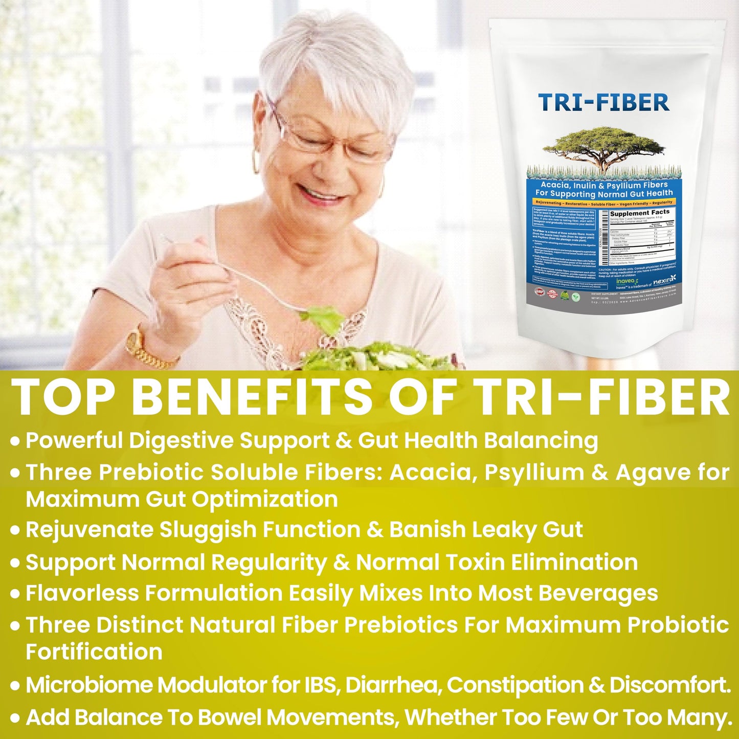 Tri-Fiber Soluble Fiber Powder, Unflavored High Fiber 3-in-1 Soluble Fiber Supplement for Digestive Support. Dietary Fiber 2x1lbs (2x16oz)