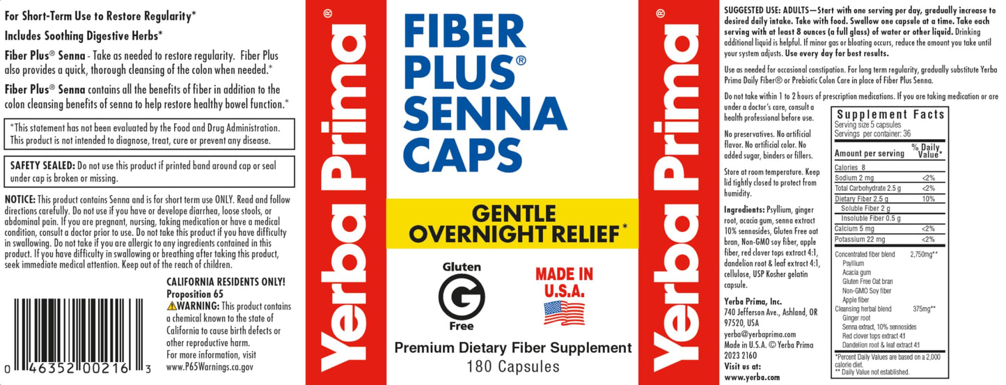 Yerba Prima Fiber Plus Senna Capsules, 180 Count (3 Pack) - Gentle Overnight Relief, USA Made, Non-GMO, Gluten-Free