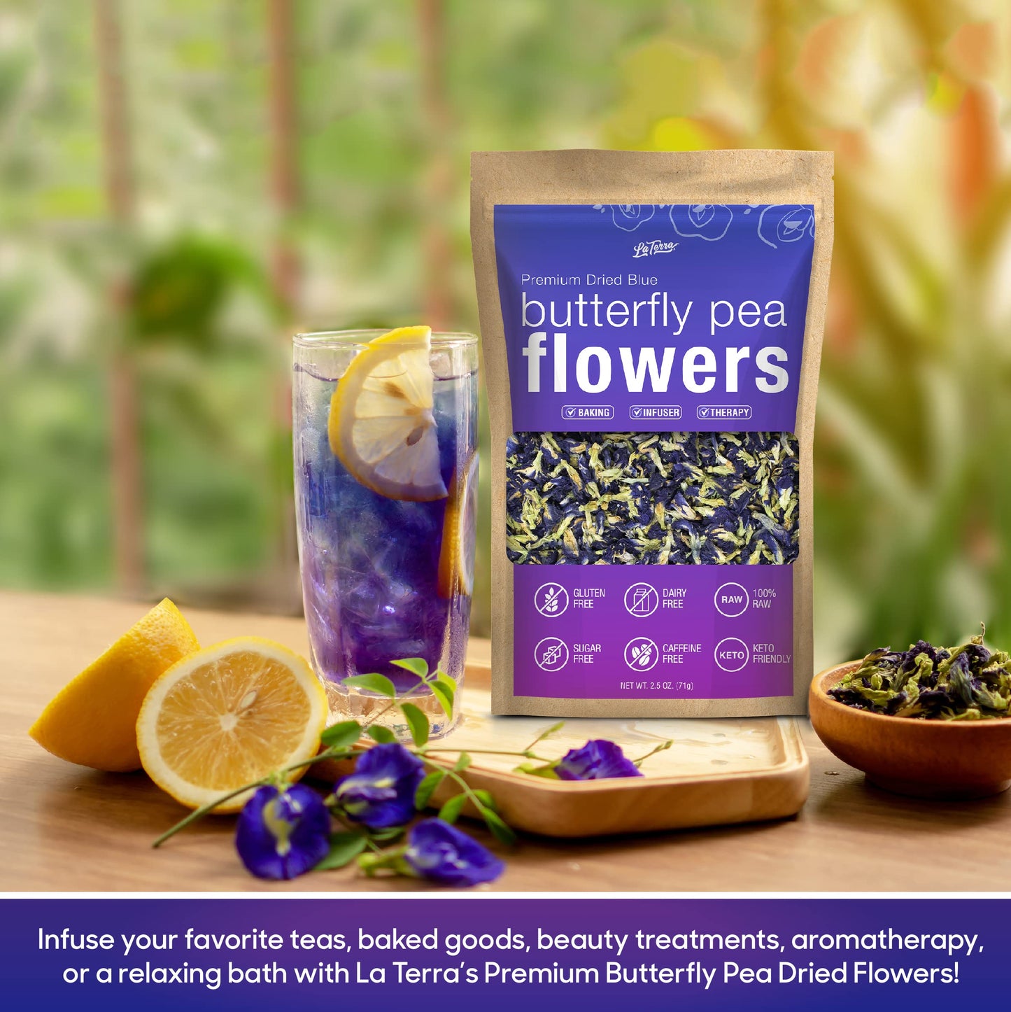 La Terra Premium Dried Blue Butterfly Pea Flower 35 OZ 100 Raw with No Fillers or Additives Gluten Dairy Caffeine Sugar Free Vegan Keto Friendly Hot and Cold Beverages