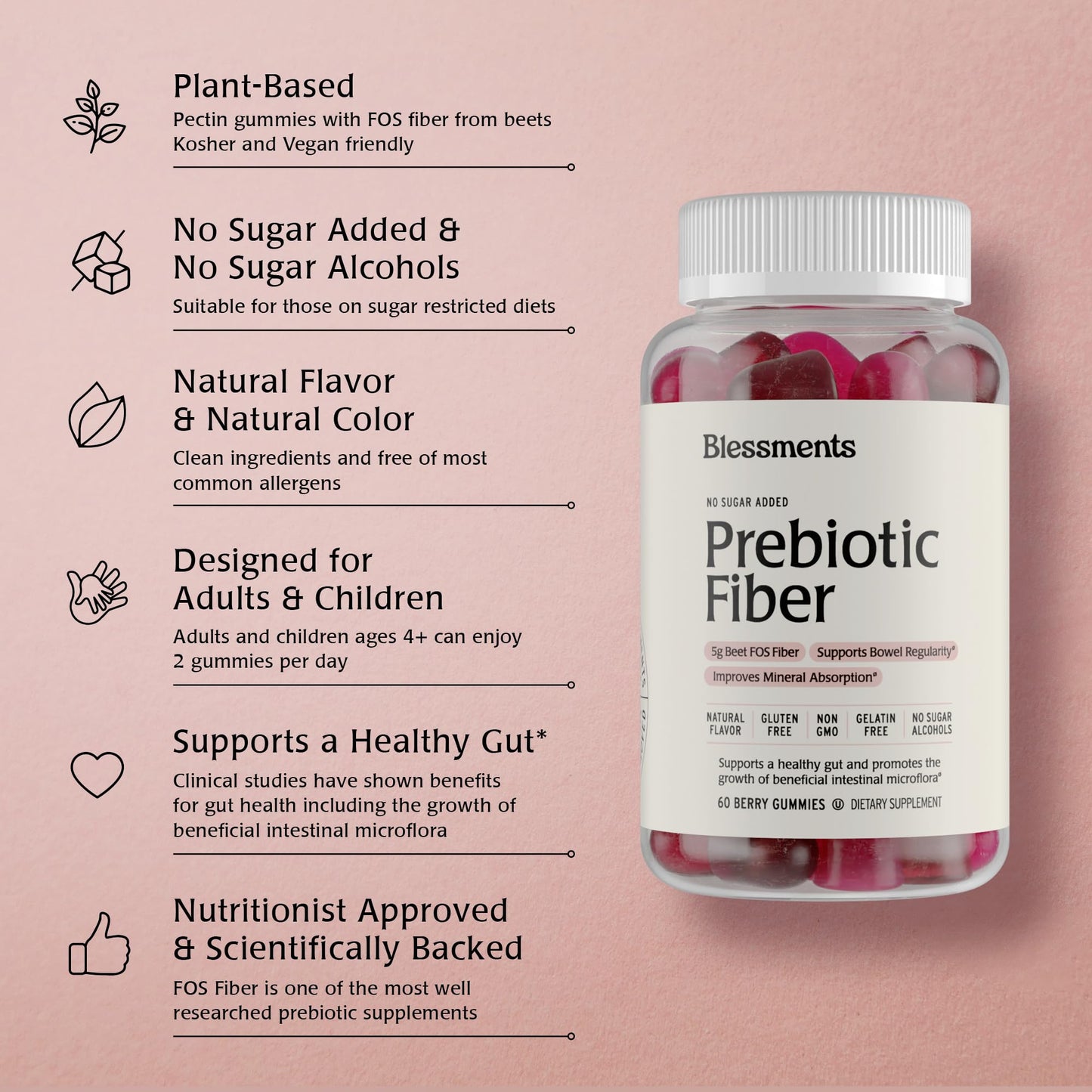 Blessments - Prebiotic Fiber Gummies for Adults & Kids with No Added Sugar- 5g (60 Count) High Fiber Supplement Gummies - Vegan - Keto Friendly - Digestive Health Supplements