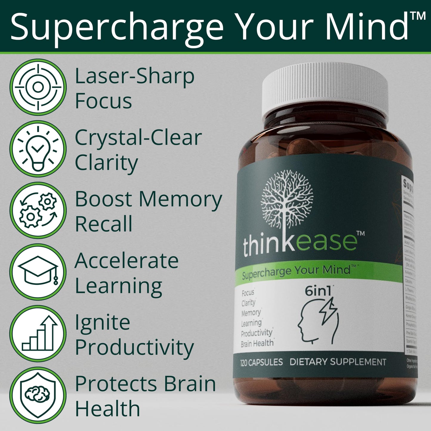 ThinkEase Brain Supplement (120 Capsules) | Memory, Mental Clarity, Focus, Cognitive Performance | Nootropic Supplement with L-Theanine, Acetyl L-Carnitine, Phosphatidylserine, Lion's Mane & More