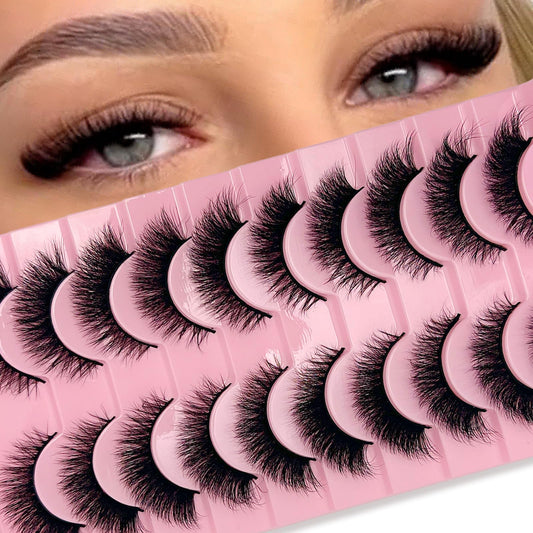SISIYDY Cat Eye Lashes Fluffy Soft Faux Mink False Eyelashes Natural Look 3-18mm Long Lash Strips C Curl Natural Fake Eyelashes Volume Cateye Fox Eye Fake Mink Lashes 10 Pairs Pack YH011