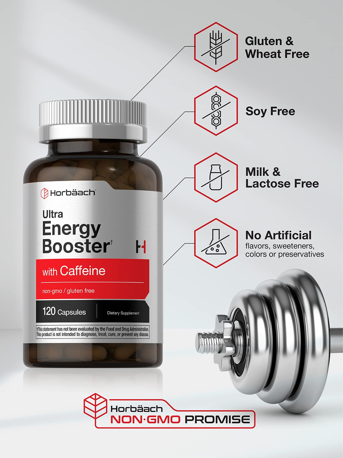 Horbäach Energy Supplement | 120 Capsules | with Caffeine, Ginseng & Vitamin B12 | Daily Energy Booster Pills | Non-GMO, Gluten Free