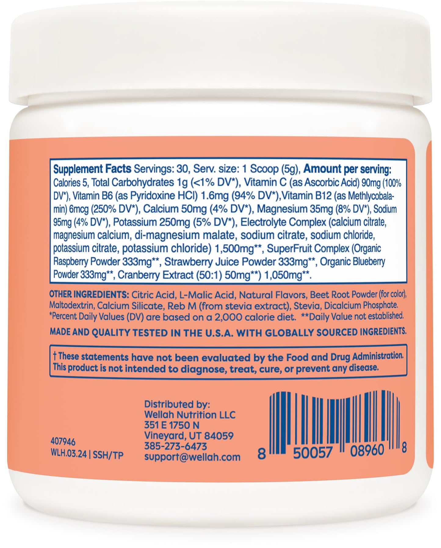 Wellah Splish Splash Hydration Electrolyte Drink Mix (Tropical Punch Flavored, 30 Servings)