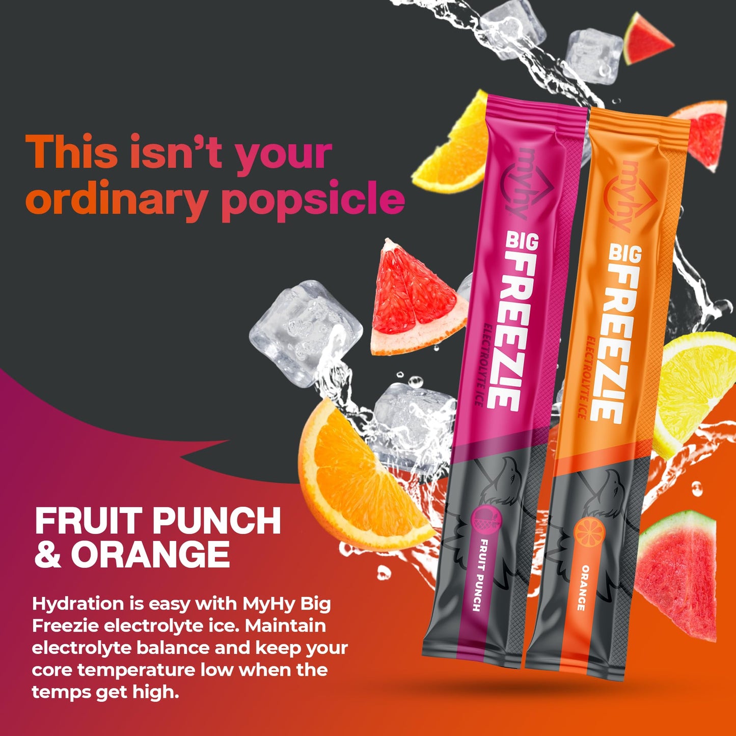 MyHy - Big Freezie Electrolyte Popsicles - Electrolyte Freezer Pops, Hydration Popsicles for Adults & Kids, All Sport Freezer Pops for Active Lifestyle & Sweat Loss - Fruit Punch & Orange, 16 Count