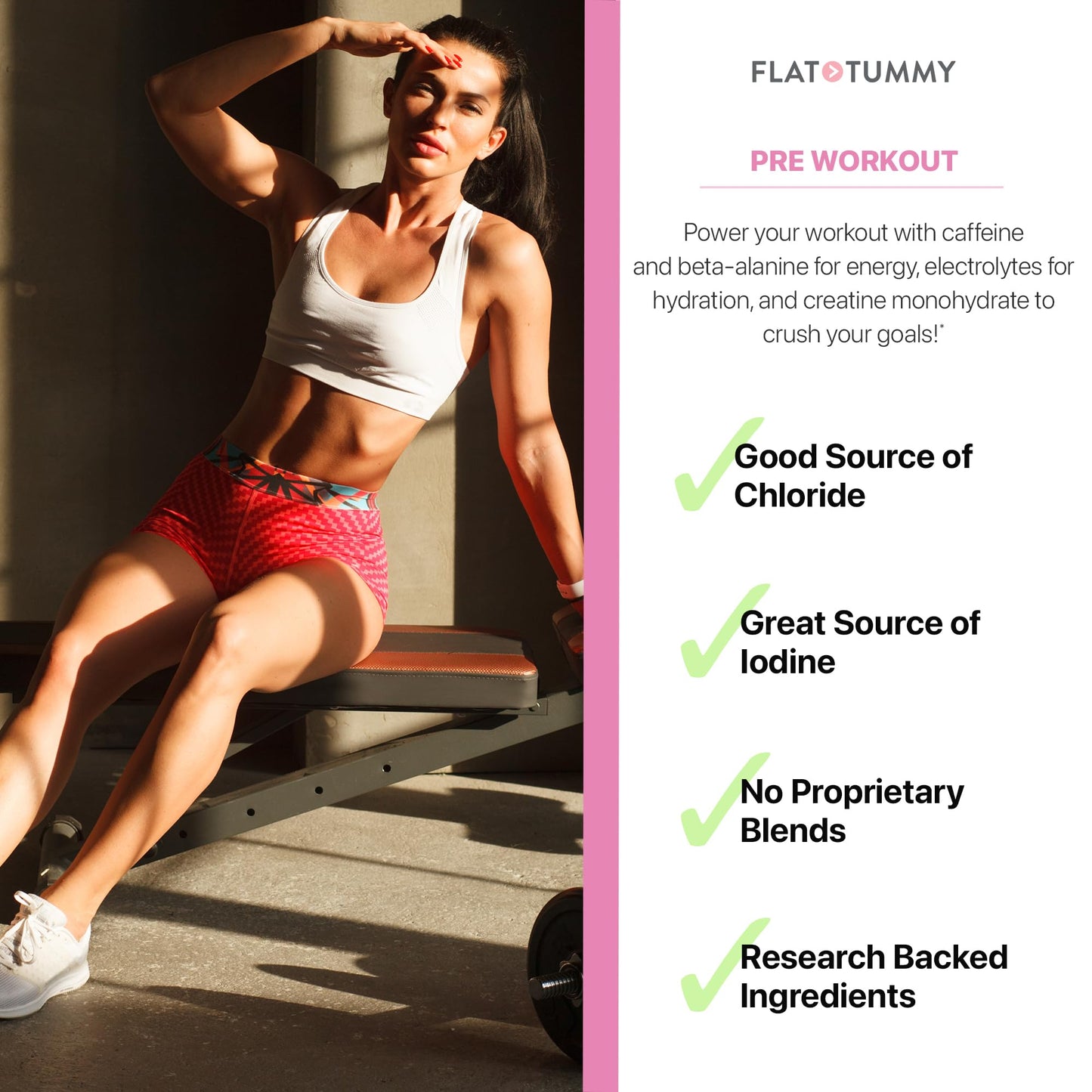 Flat Tummy Pre Workout Powder for Women - Energy, Endurance, and Muscle Support with 3g Creatine, 1.6g Beta-Alanine, Electrolytes - Watermelon Flavor - 30 Servings