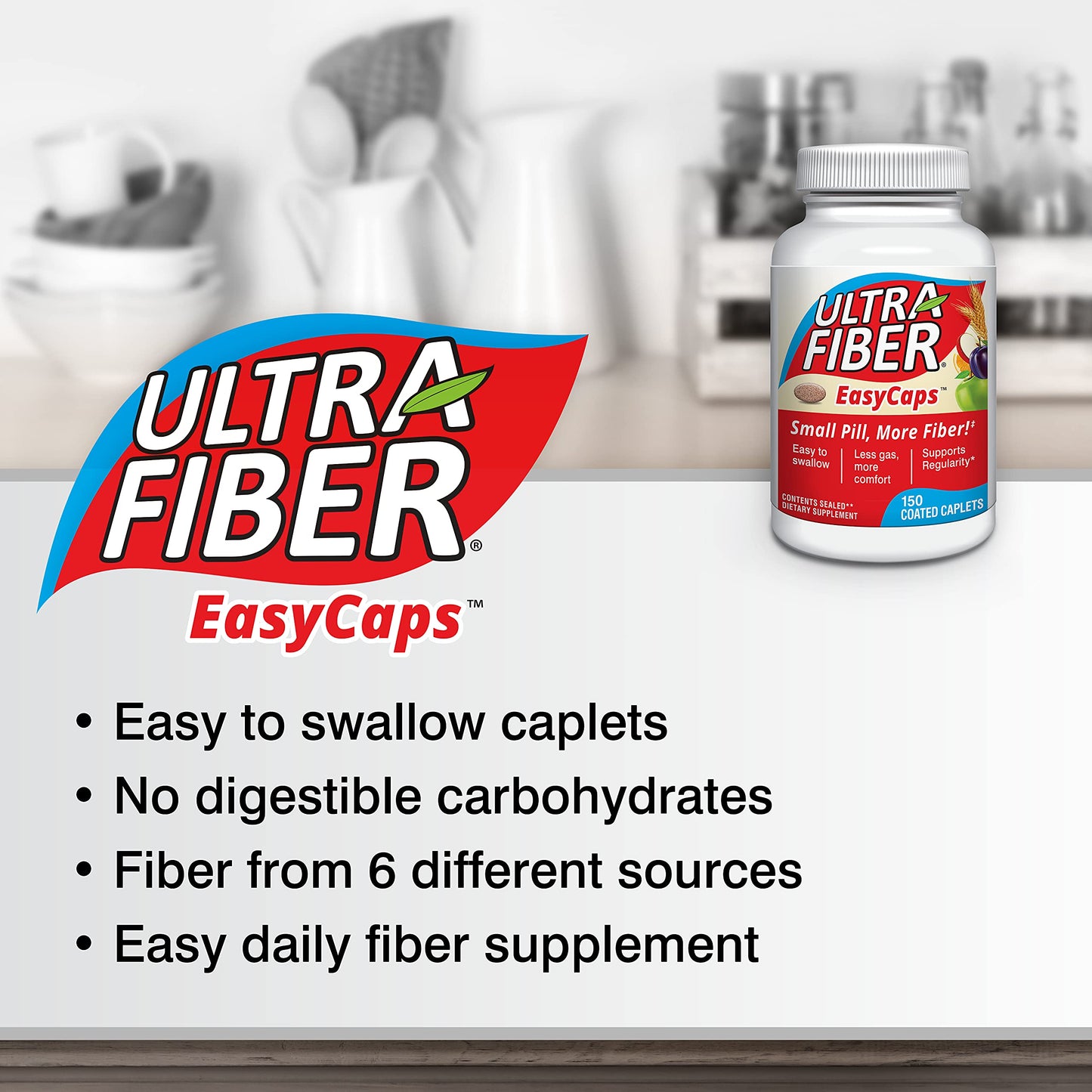 Ultra-Fiber Caplets - High-Fiber Supplement for Regularity - 48% More Fiber per Caplet - Soluble & Insoluble Fiber Blend - Easy-to-Swallow Coated Caplets - 150ct