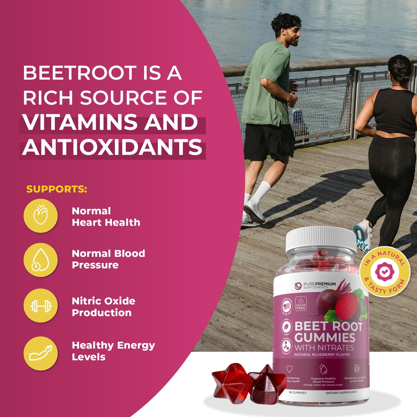 PurePremium Beet Root Gummies - 60 Sugar Free Chews (50:1 Equivalent 1500 mg) - Super Nitric Oxide Beetroot Gummies with Natural Blueberry Flavor - Supplements for Normal Blood Pressure