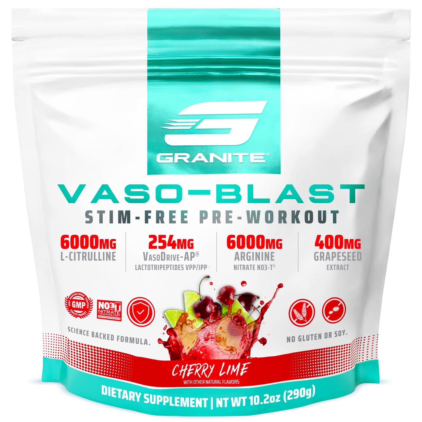 Granite Supplements Vaso Blast, Cherry Lime Flavor, Stimulant-Free Pre Workout for Men & Women with Grapeseed Extract, Arginine Nitrite, & VasoDrive-AP for Max Pump (20 Servings)
