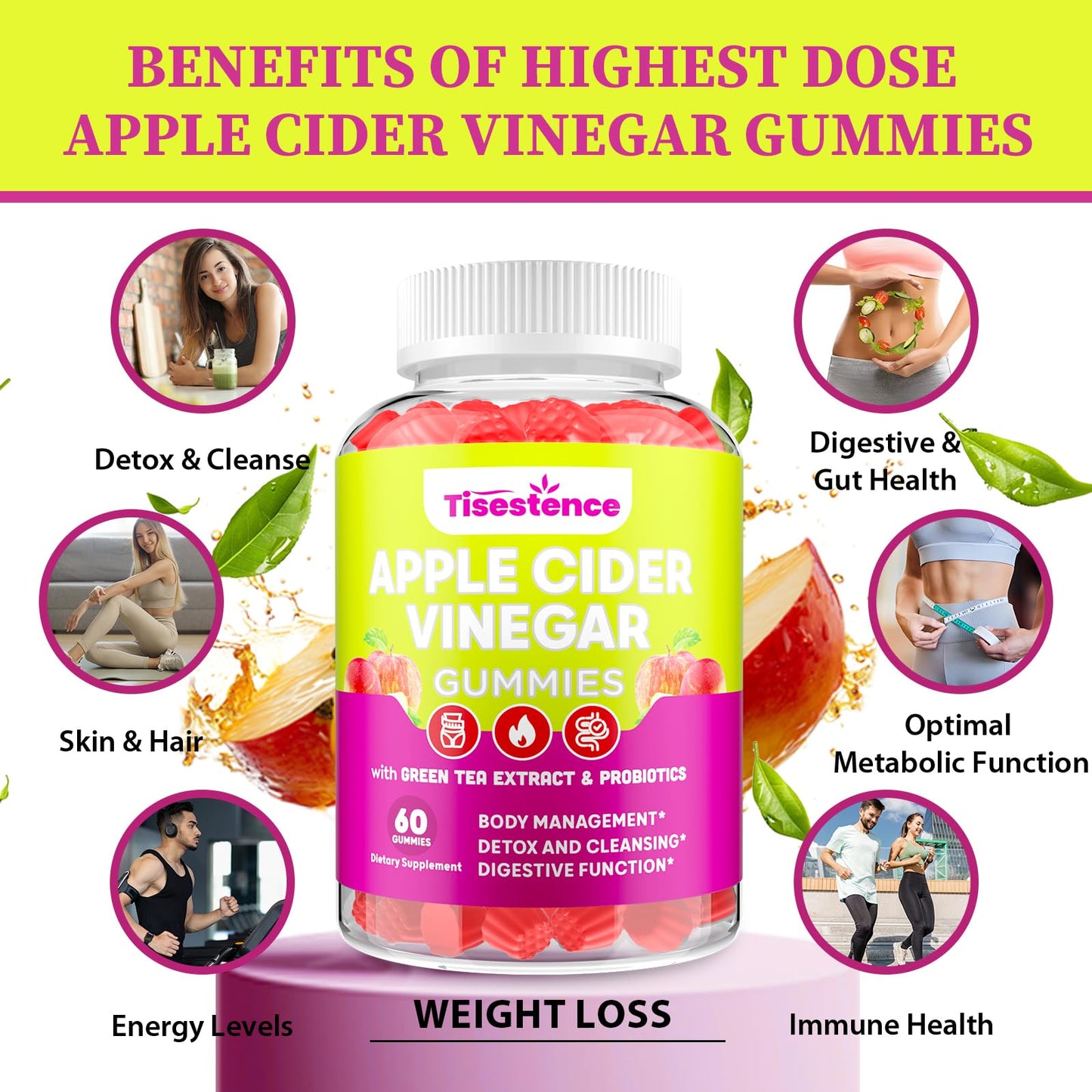 Apple Cider Vinegar Gummies, Keto ACV Gummies for Women and Men, Apple Cider Vinegar Supplement with Green Tea, B12, Probiotic for Detox Cleanse, Metabolism & Digestive Health, Vegan - 2 Months Supply