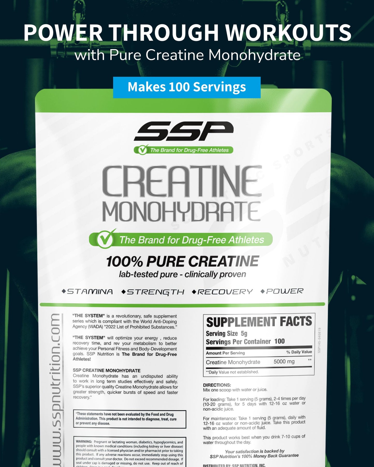 SSP Creatine Monohydrate - Unflavored Supplement for Hydration, Recovery & Muscle Support - Workout & Fitness Nutrition for Women & Men - 100% Pure Creatine