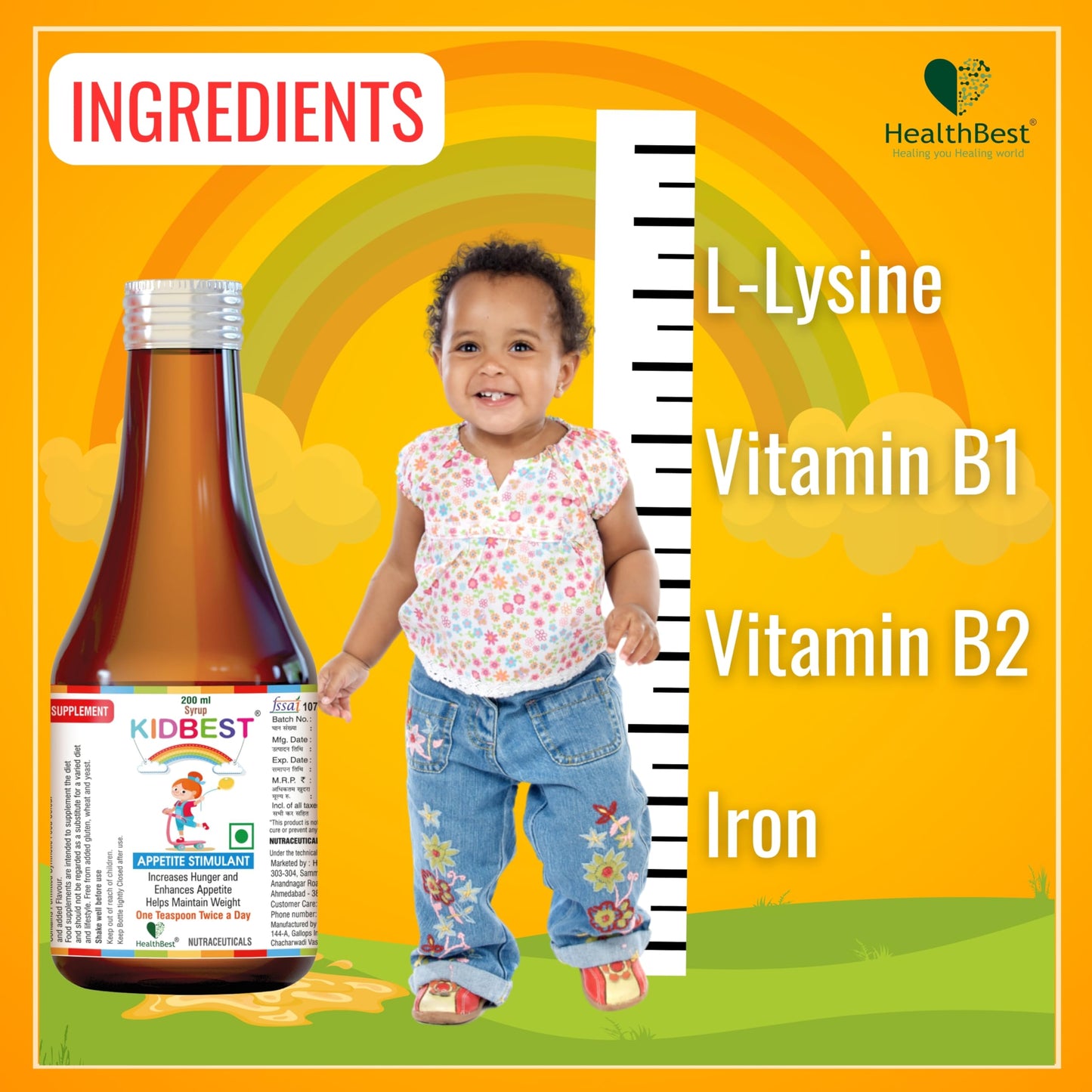 HealthBest Kidbest Appetite Stimulant Syrup for 3-13 Yrs Kids | Increase Hunger | Helps Maintain Weight | Gluten Free | L-Lysine HCI,Vitamins B1,B2,B6,B12 | 200 ml