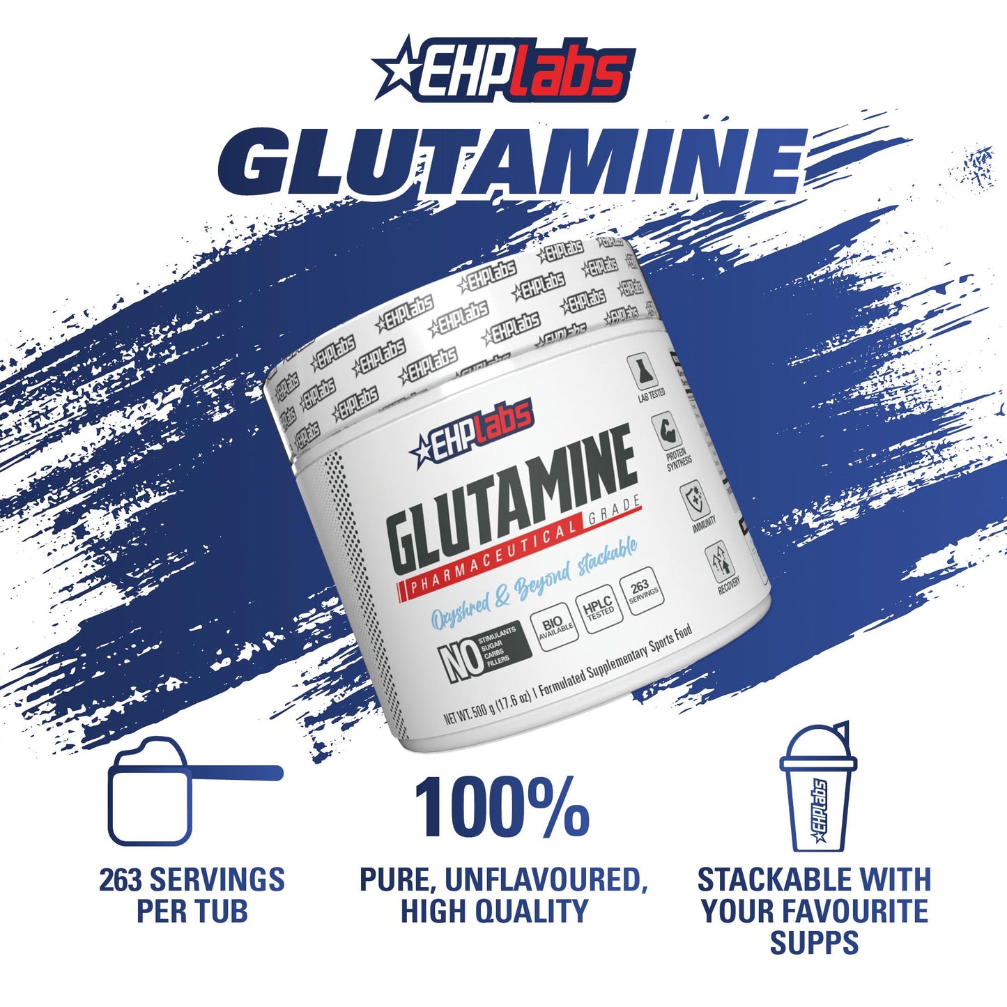 EHP Labs L Glutamine Powder Amino Acids - L-Glutamine, Workout Recovery, Immune Health & Gut Health Support (500g) - 100 Servings