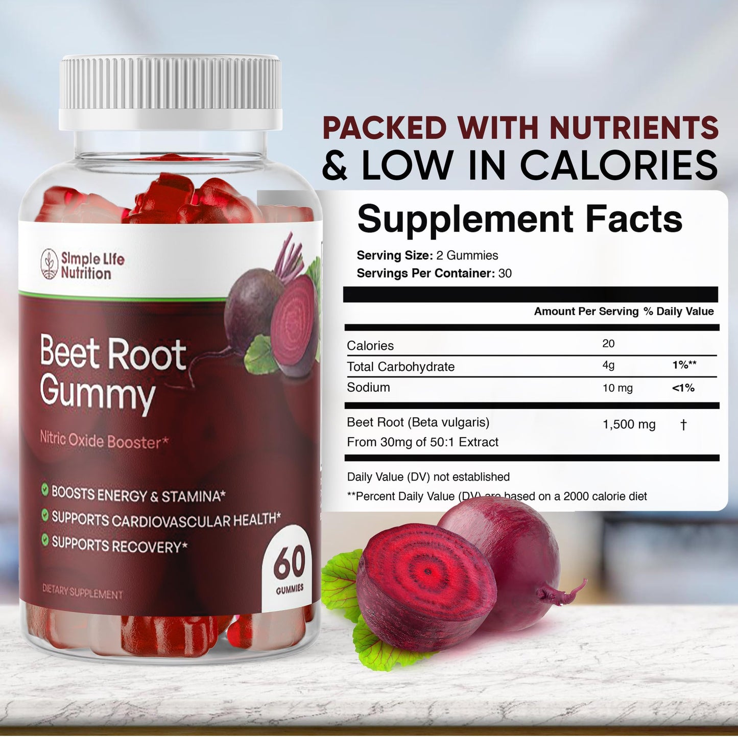 Simple Life Nutrition Organic Beet Root Gummies - Nitric Oxide Booster for Men & Women - Organic Non-GMO Gluten Free Vegan Beets - 60CT