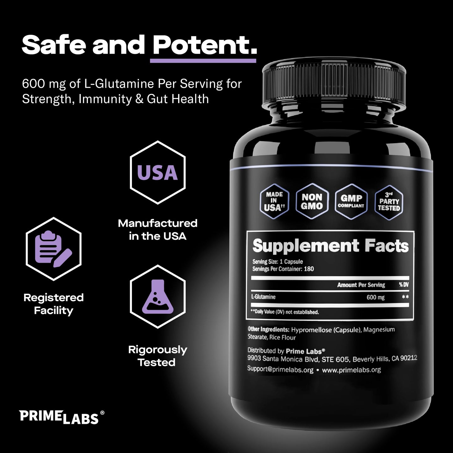 Prime Labs L Glutamine Capsules 600mg - Supports Strength, Muscle Recovery, Immunity, & Gut Health - Amino Acid Supplement - for Men & Women