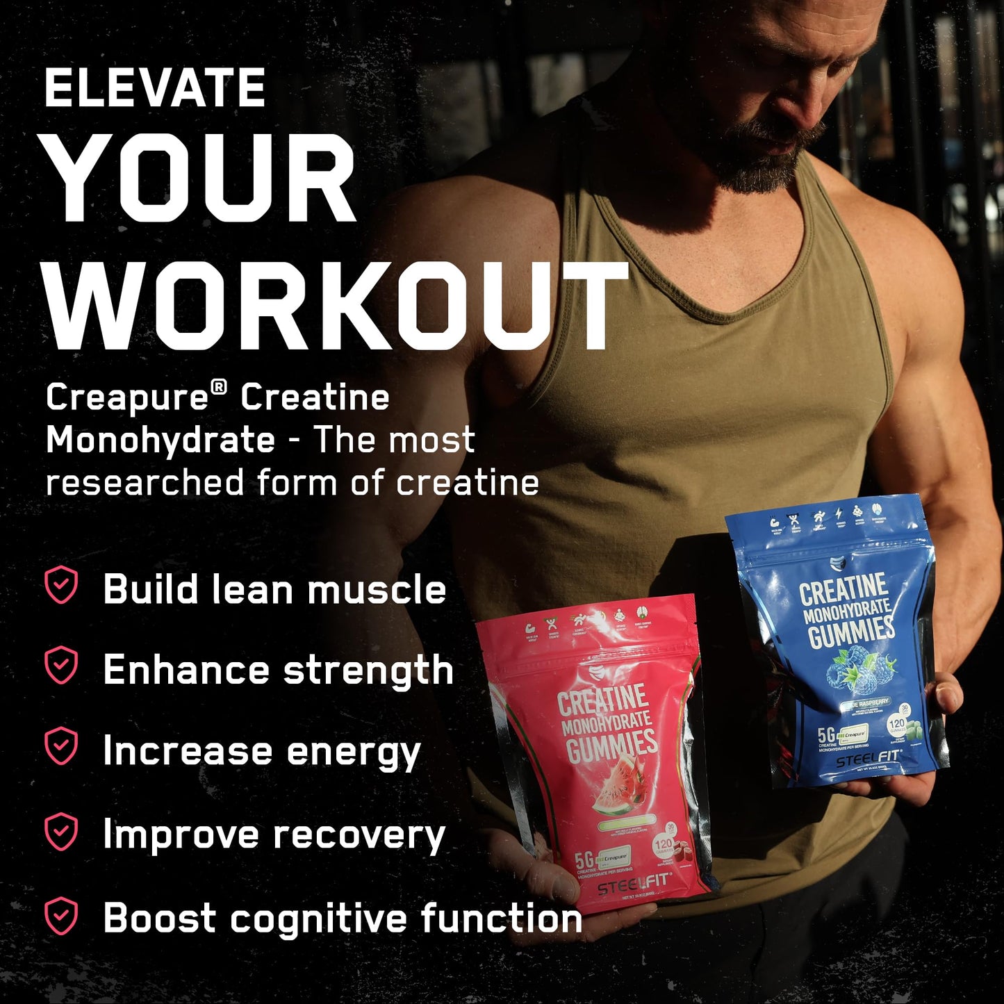 SteelFit Creapure Creatine Monohydrate Gummies for Men & Women, Juicy Watermelon - Gym Workout Nutritional Supplements for Muscle Gain, Brain Health & Strength Building Dietary Supplement, 120 Gummies